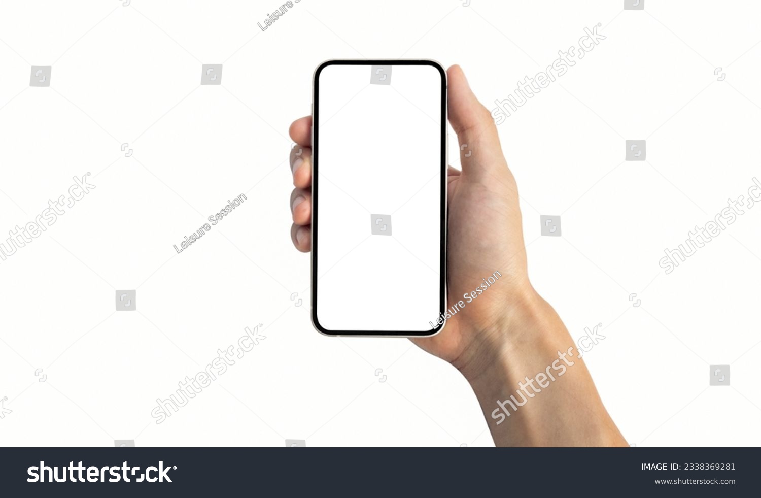Concept for brochure and advertisement. Man holding a phone with his right hand, isolated on white background, after some edits. #2338369281