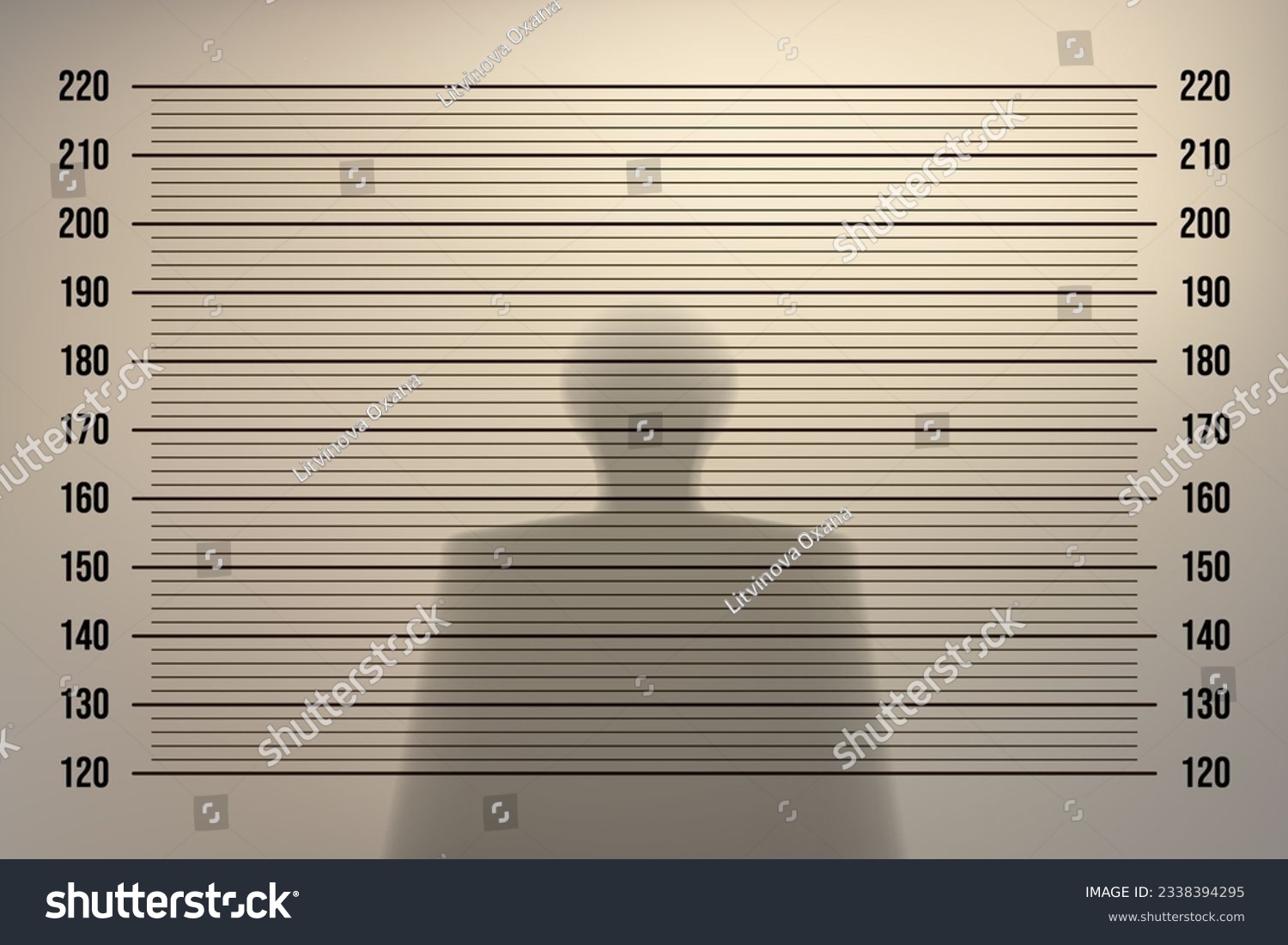 Mugshot in a police station with a retro background with backlight on an old wall and the shadow of a man. Height identification with measurement line in the examination room. Vintage vector template #2338394295
