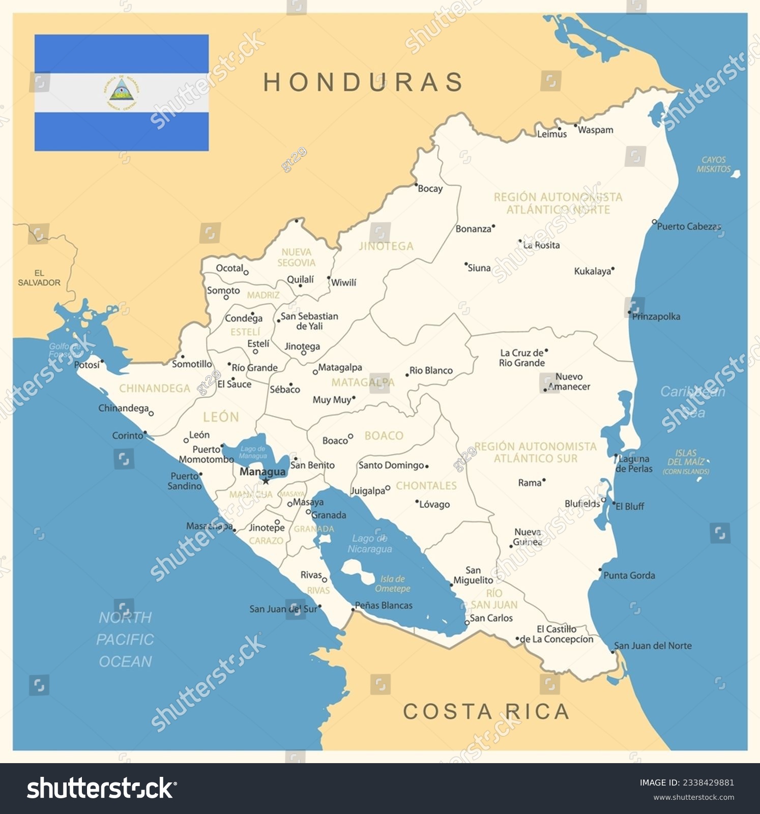 Nicaragua - detailed map with administrative - Royalty Free Stock ...