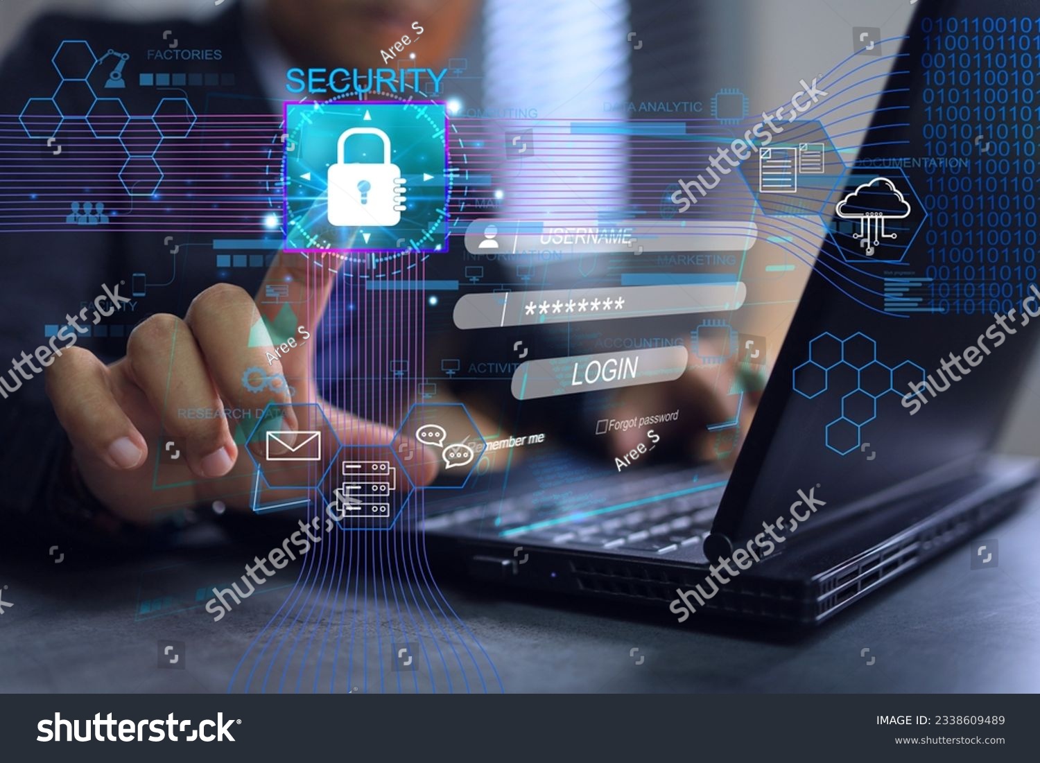 Businessman using the laptop in office and screen appears to enter the username and password to login to the system. Cyber security for data information technology ISO IEC 27001 and 27002 concept. #2338609489
