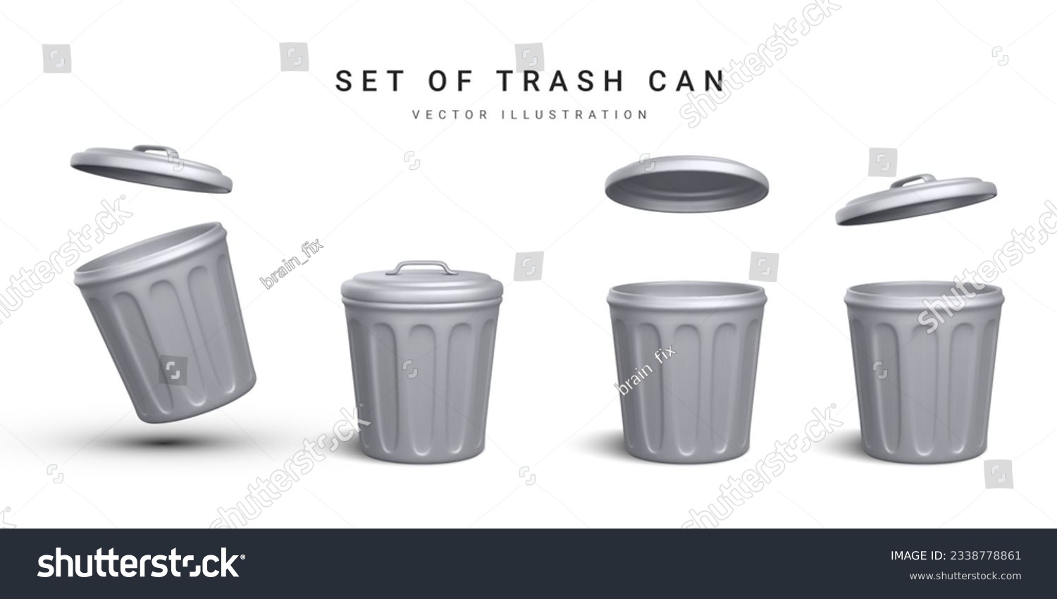 Set of 3d realistic silver trash can on white background. Vector illustration #2338778861