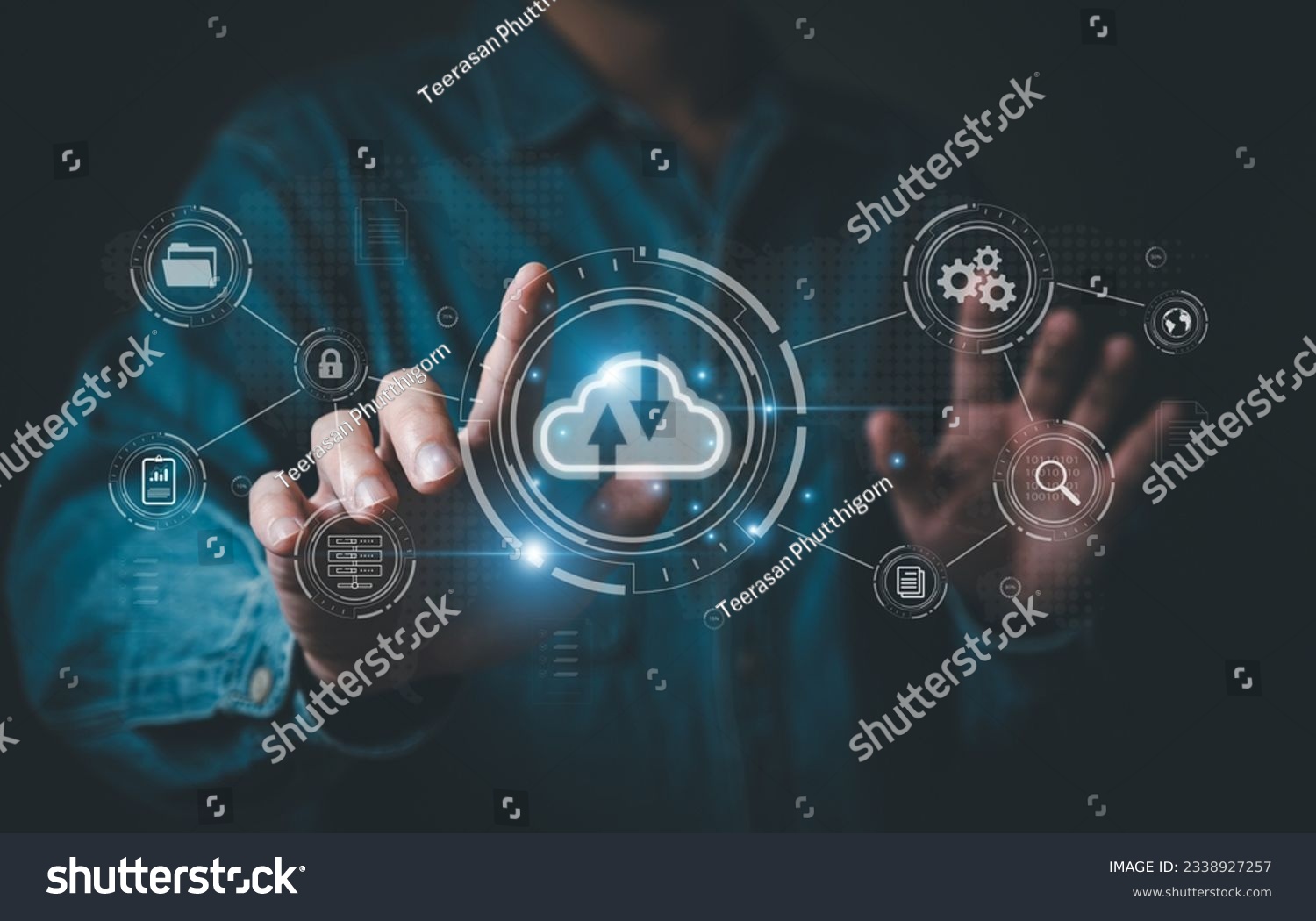 Business person migrate data and corporate information into cloud technology for data security and back up as disaster recovery site and prevent for cyber crime. Data inventory for enterprise. #2338927257