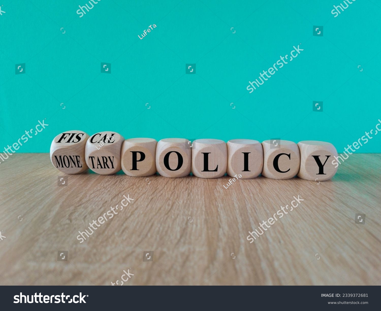 Fiscal or monetary policy symbol. Turned cubes and changes words fiscal policy to monetary policy. Beautiful blue background. Business and fiscal or monetary policy concept. Copy space. #2339372681