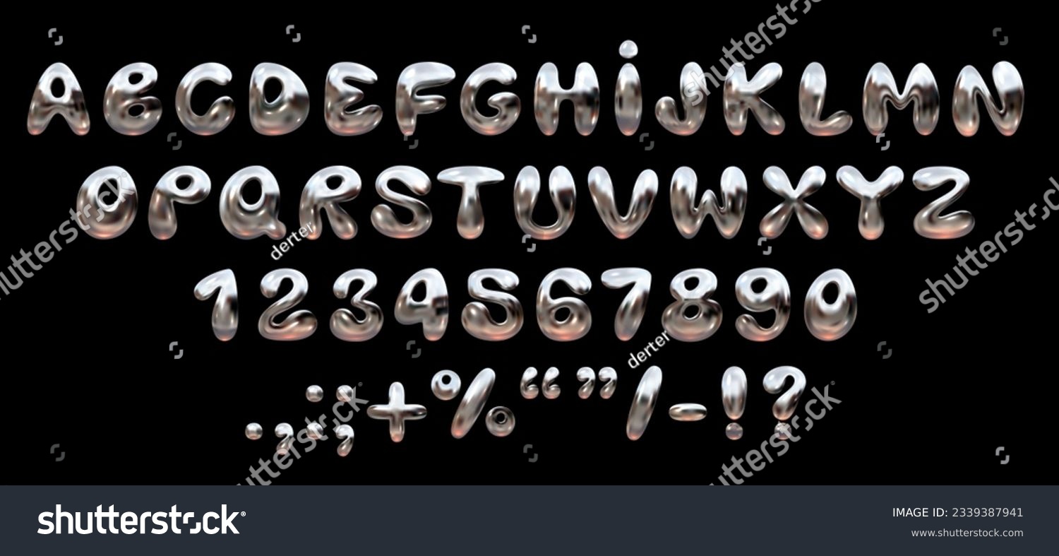 Shiny chrome bubble font in Y2K style. Realistic 3D letters and numbers of the English alphabet #2339387941