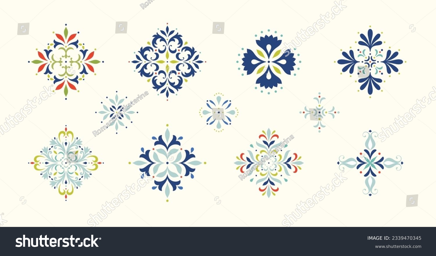 Oriental floral ornament. Damask graphic elements. Imperial rococo decor. For seamless patterns, wrapping paper, greeting and business cards, wedding invitations, textile, t-shirt prints etc. #2339470345