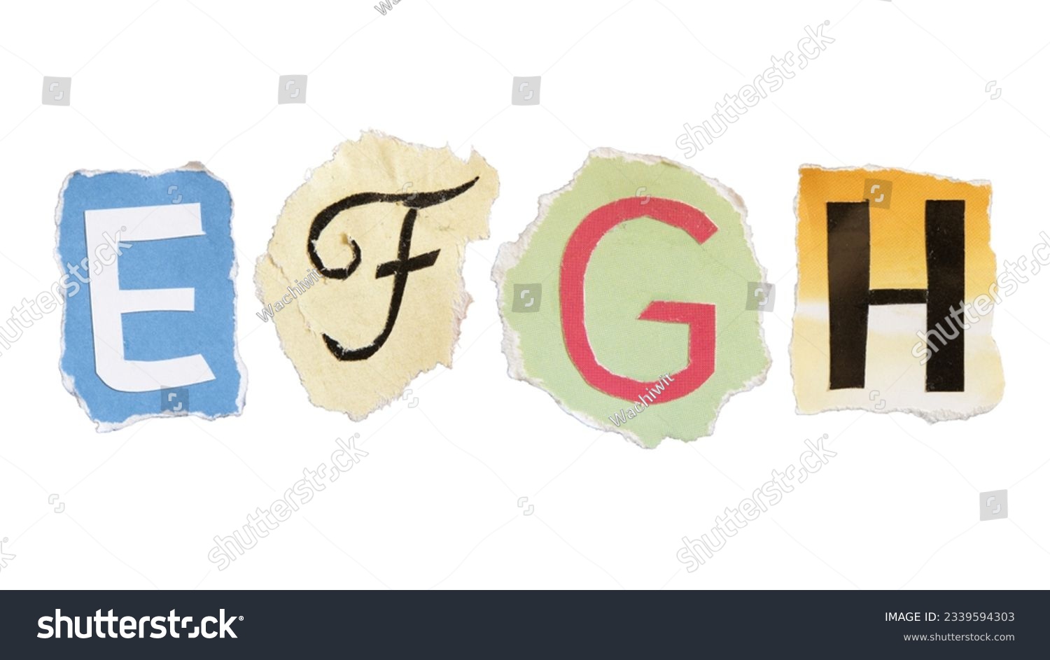 E, F, G and H alphabets on torn colorful paper with clipping path. Ransom note style letters. #2339594303