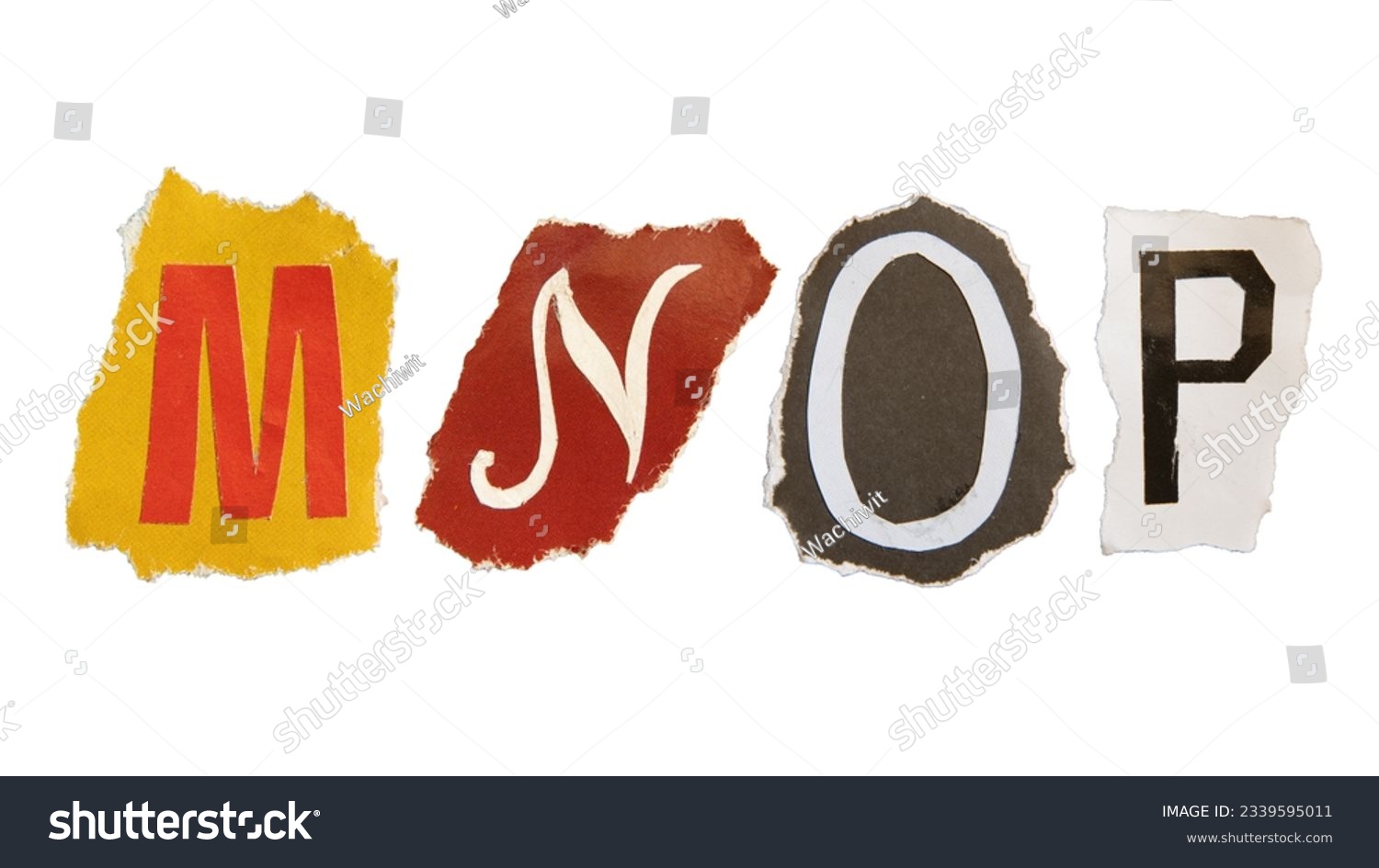 M, N, O and P alphabets on torn colorful paper with clipping path. Ransom note style letters. #2339595011
