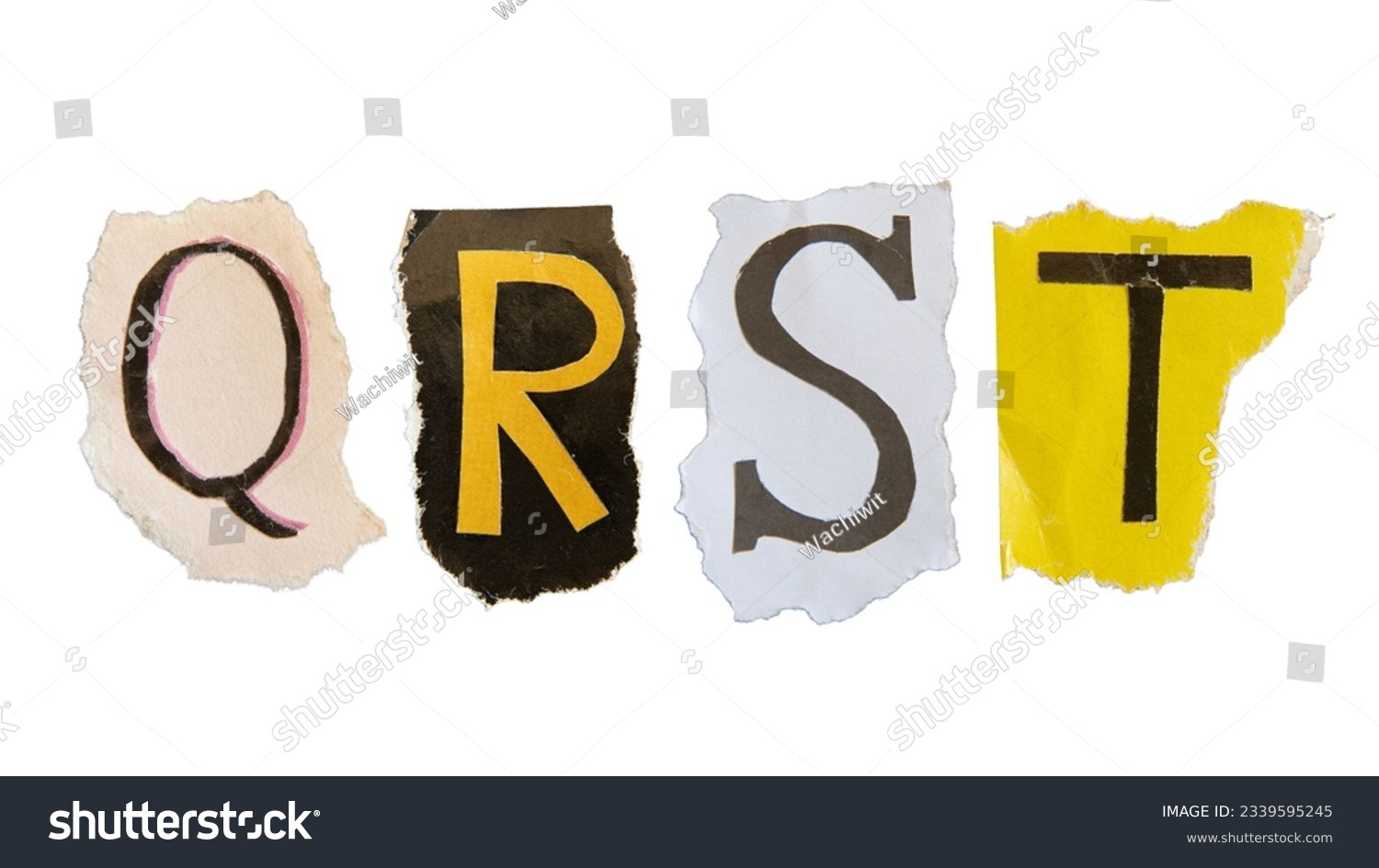 Q, R, S and T alphabets on torn colorful paper with clipping path. Ransom note style letters. #2339595245