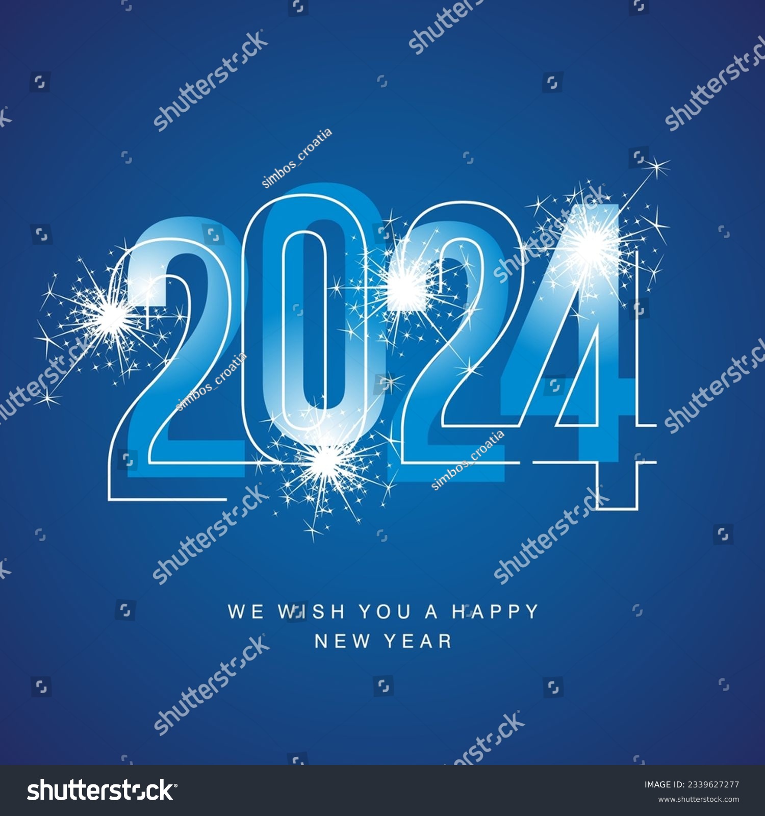 Happy New Year 2024 line and bold light blue neon shining typography with sparkle firework on blue isolated background icon logo #2339627277