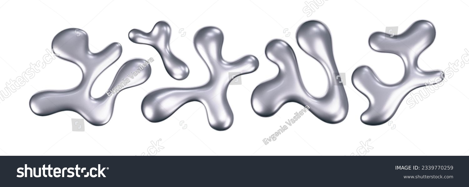 Chrome liquid 3d shapes in y2k style isolated on a white background. Render of 3d metal silver star, flower, heart and melt fluid form in aesthetic futuristic style. 3d vector y2k illustration #2339770259