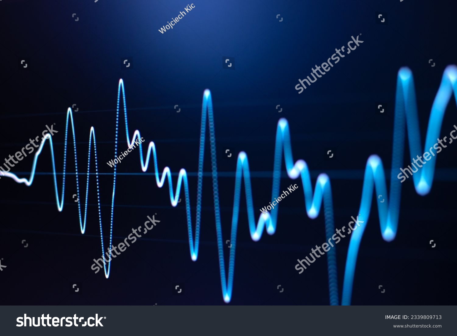 Seismogram. Waveform. Oscilloscope. Musical equalizer. Sound wave. Radio frequency Abstract closeup photo background copyspace #2339809713