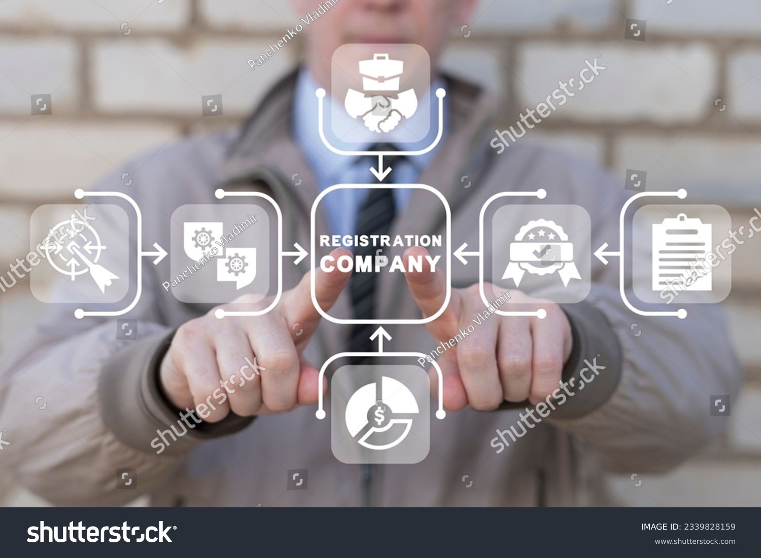 Man using virtual touch screen presses inscription: REGISTRATION COMPANY. New company registration concept. Business start up. Brand and identity building process. Company formation procedure. #2339828159