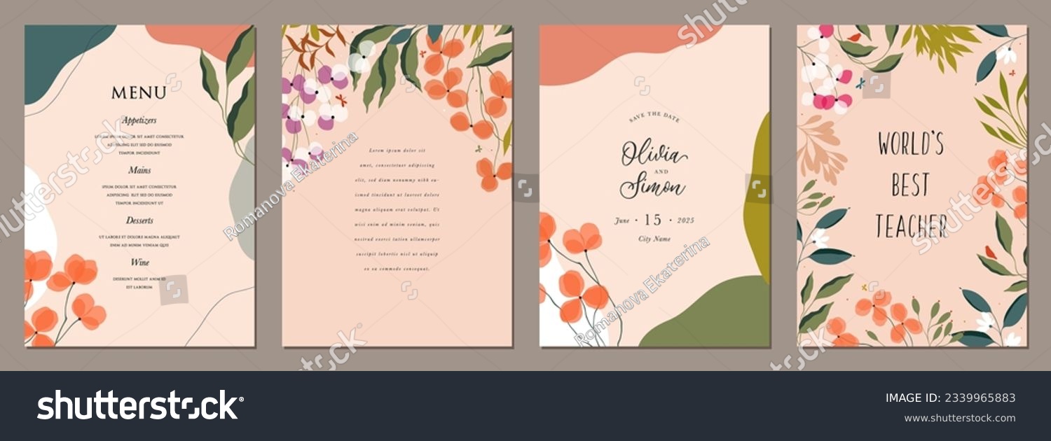 Bold bright artistic templates with abstract and floral elements. For poster, birthday, wedding and party invitation, greeting and business card, flyer, banner, brochure, events and page cover. #2339965883