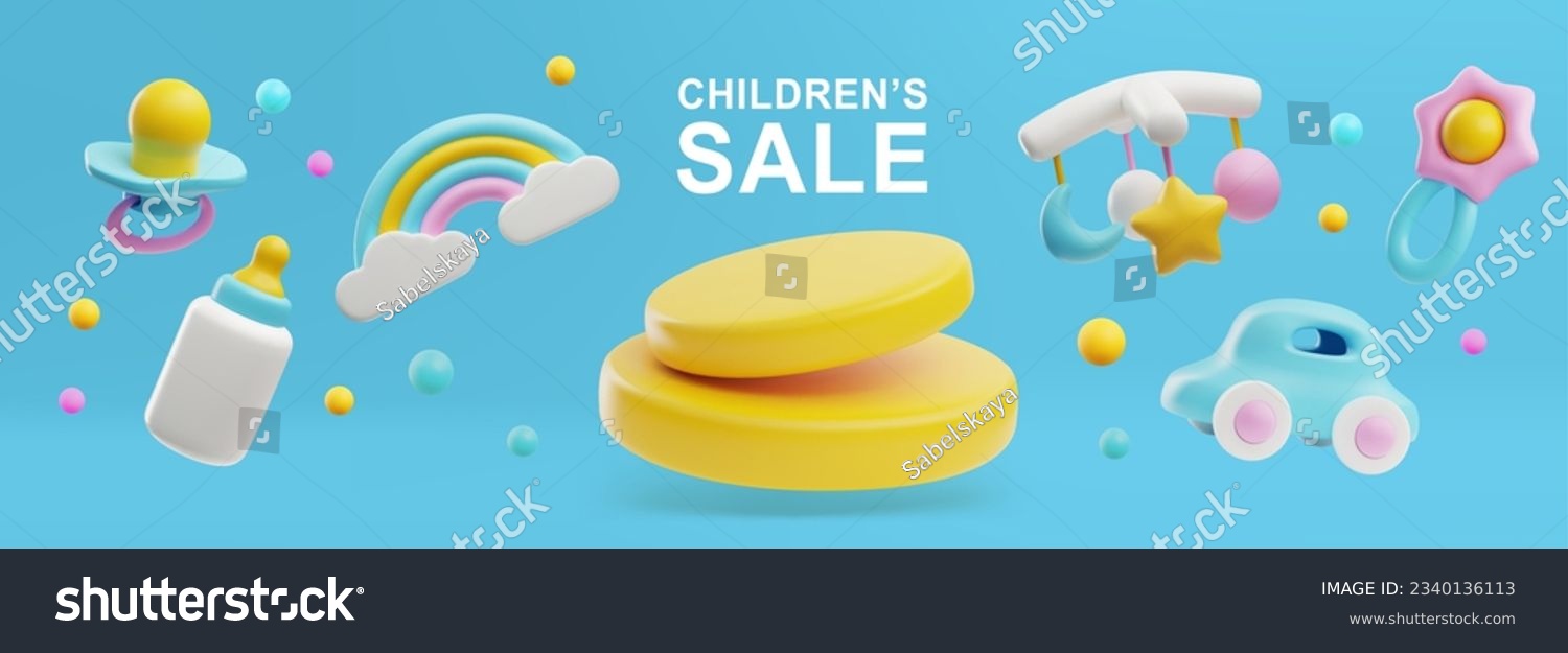Children s shop sale banner with cute 3d elements, vector illustration on blue background. Toys and accessories for kids and infants - milk bottle, pacifier, toys and baby rattle. #2340136113