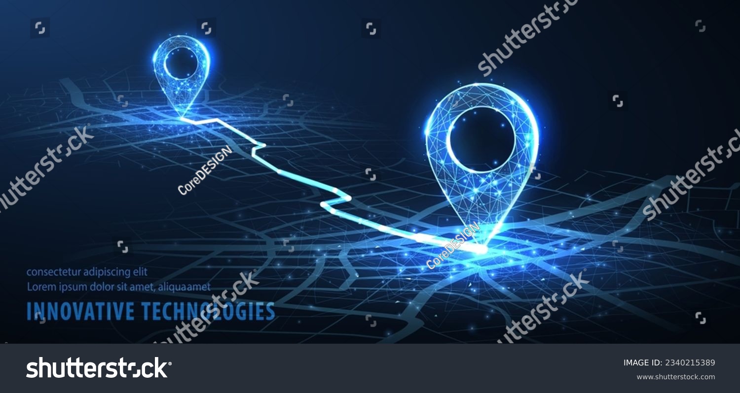 GPS. Abstract vector two pin icon on blue city map with white line connection. Transportation delivery, map location, transport logistic, tourism navigate, route path concept. Gps point navigation #2340215389