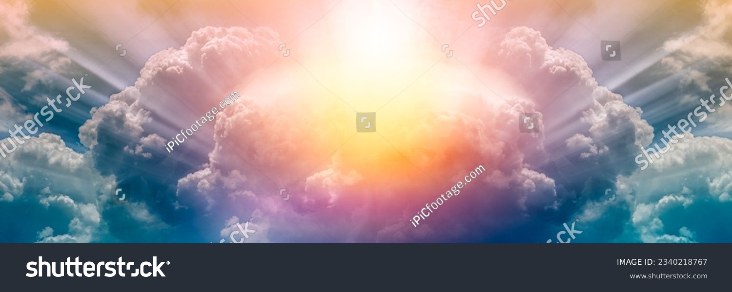 Sun heaven God yellow amazing beautiful shining with sunrise behind super nova light awesome clouds on warm bright day nature  purple violet sunray sunbeam full color. #2340218767