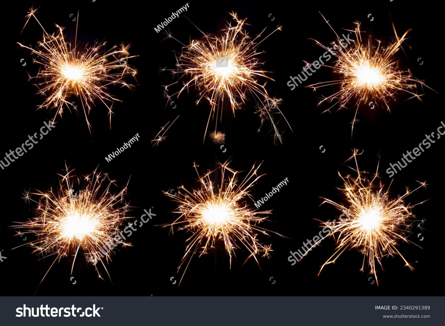 Set of Bengal lights on a black isolated background. Sparks from burning Bengal lights. To insert an image in overlay mode #2340291389