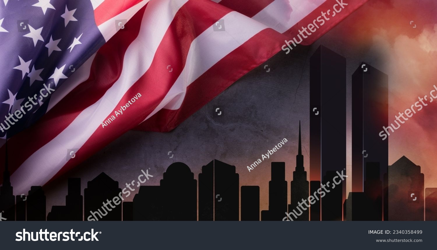 Patriot Day banner template. September 11 Memorial Day for the United States of America concept. Remembrance Day for the Victims of the Terrorist Attacks. Patriot Day photo collage. #2340358499