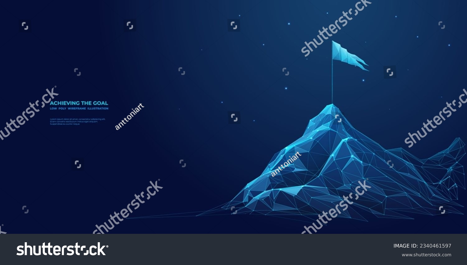  Abstract flag on the top of the Mountain. The digital conception of achieving the goal form lines, and connected glowing dots. Low poly vector wireframe illustration on blue technology background.  #2340461597