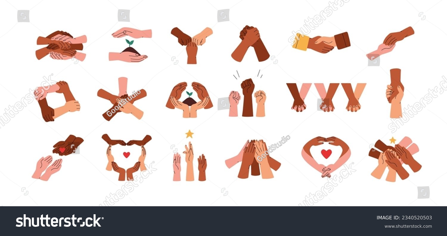 Diverse hands holding together, groups, heart and circle shaped. Team cooperation, partnership, community, support, trust concept. Flat graphic vector illustrations isolated on white background #2340520503