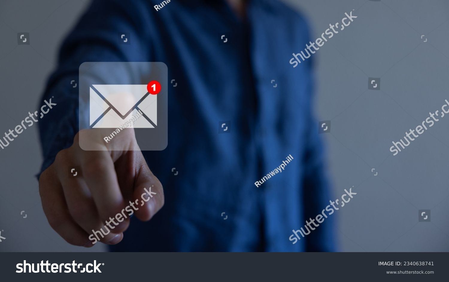 Businessman pressing messaging type of modern icons with virtual background. An email not read. #2340638741