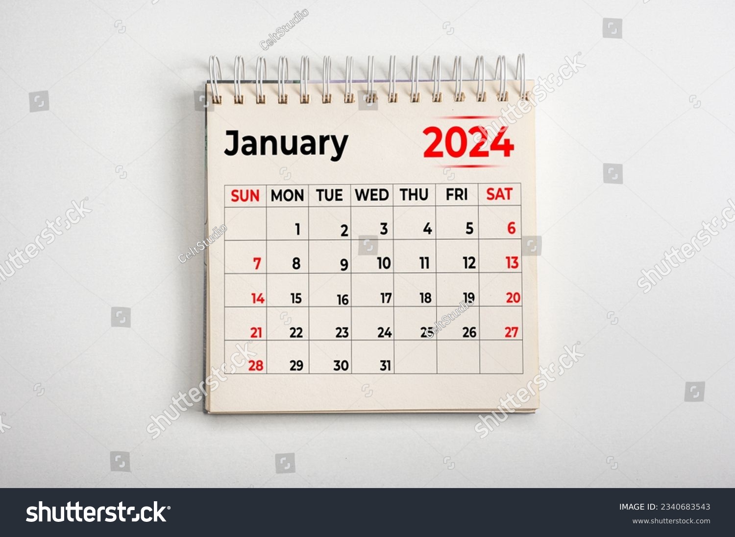 January 2024. Resolution, strategy, solution, goal, business and holidays. Date - month January 2024. Page of annual monthly calendar - January 2024 #2340683543