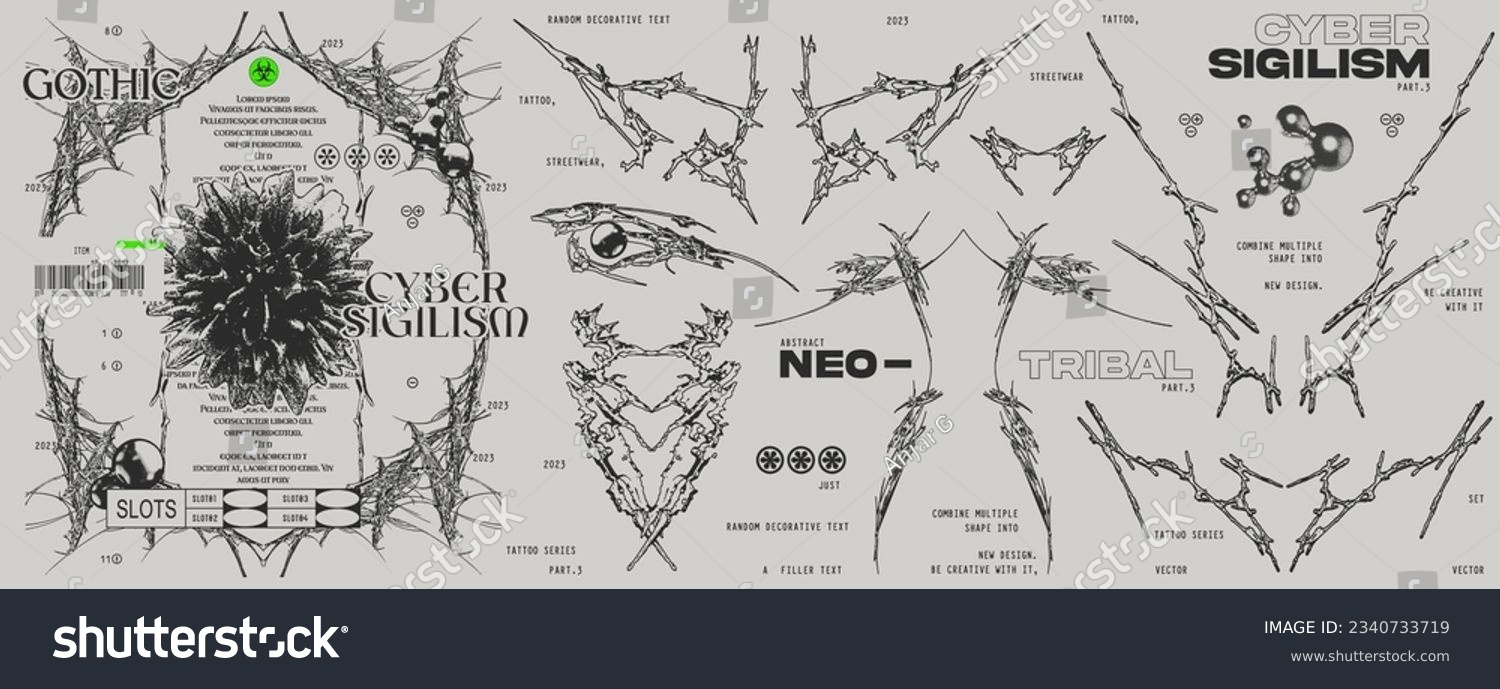 Neo tribal or cyber sigilism shape collection for tattoo, streetwear etc vector set #2340733719