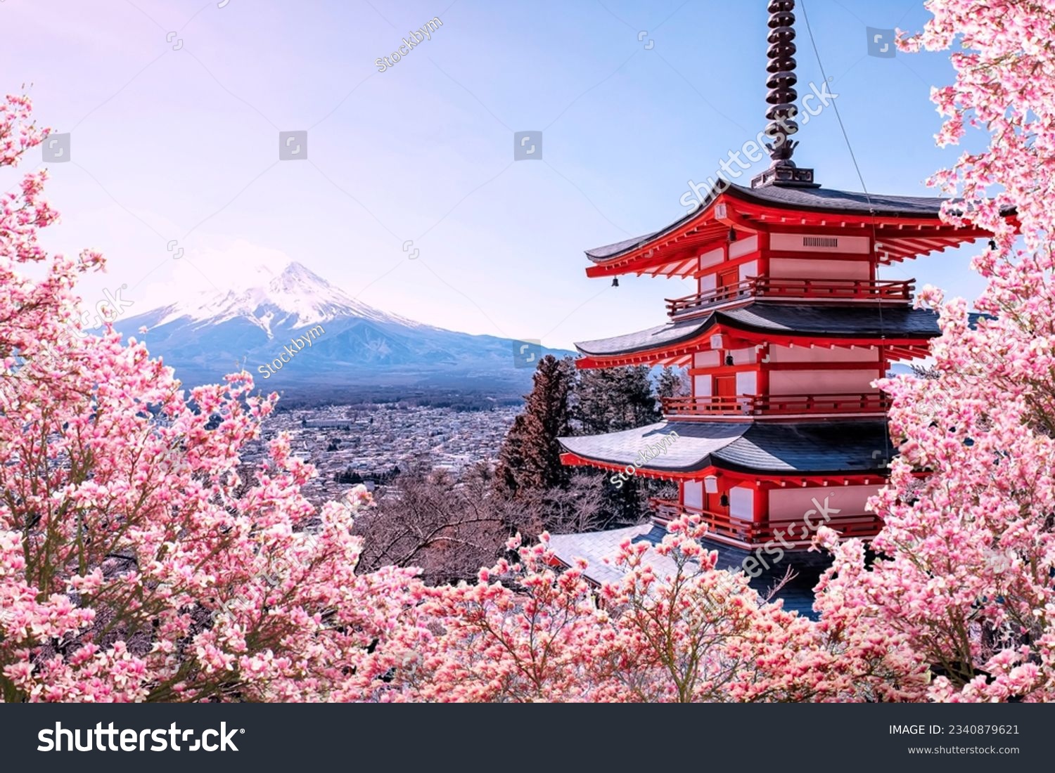 A famous place in Japan with Chureito Pagoda and Mount Fuji during the spring	 #2340879621