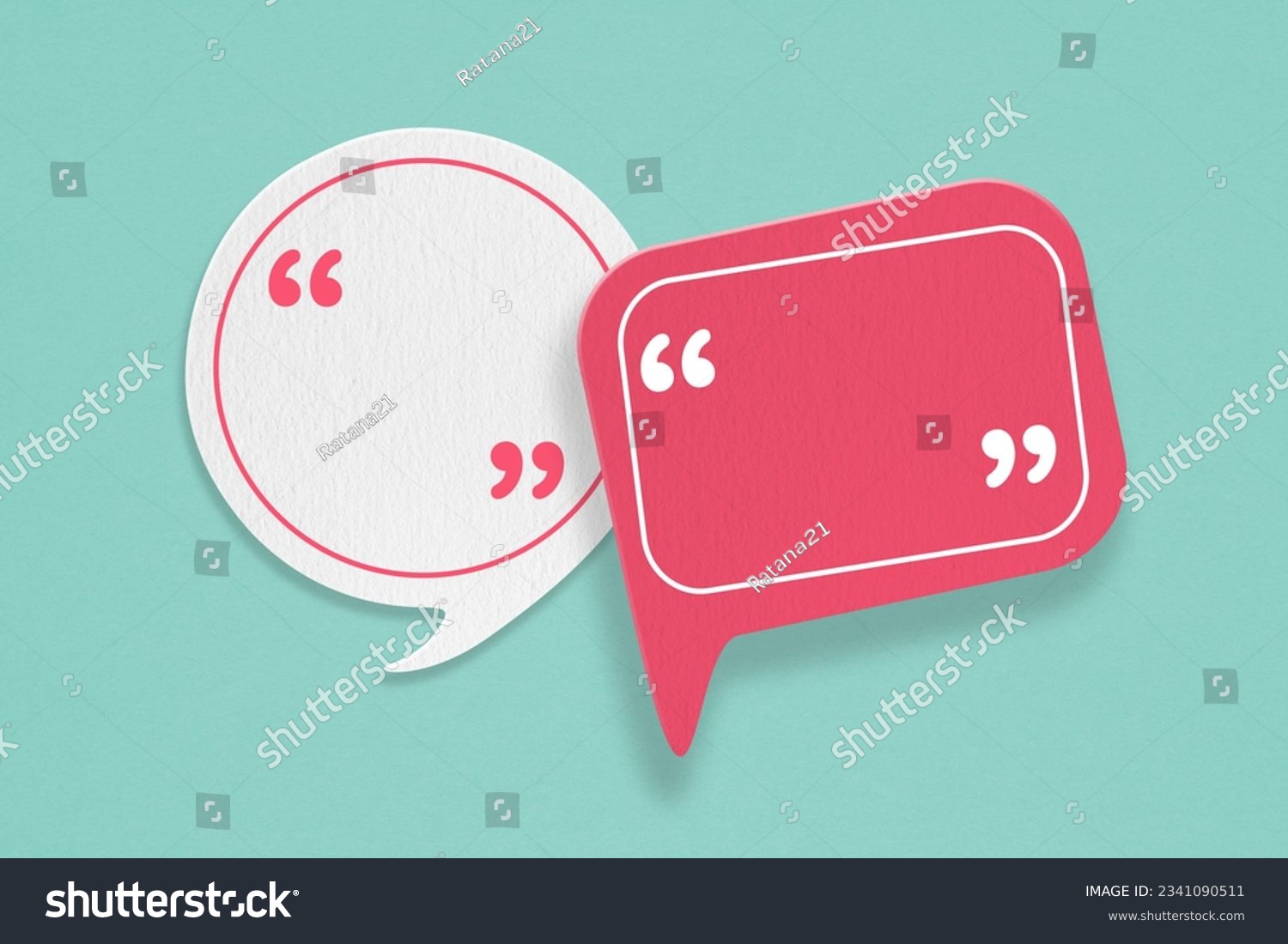 For conceptual image about communication and social media, customer feedback, Blank correspondence white and pink grunge  paper speech bubbles on rough light green paper texture #2341090511