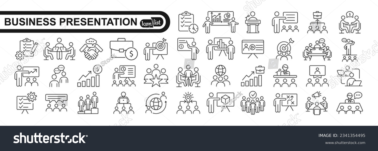 Business presentation line icons set. Presentation, business, seminar, partnership, goals, meeting, whiteboard, conference and business plan icons. Vector illustration #2341354495