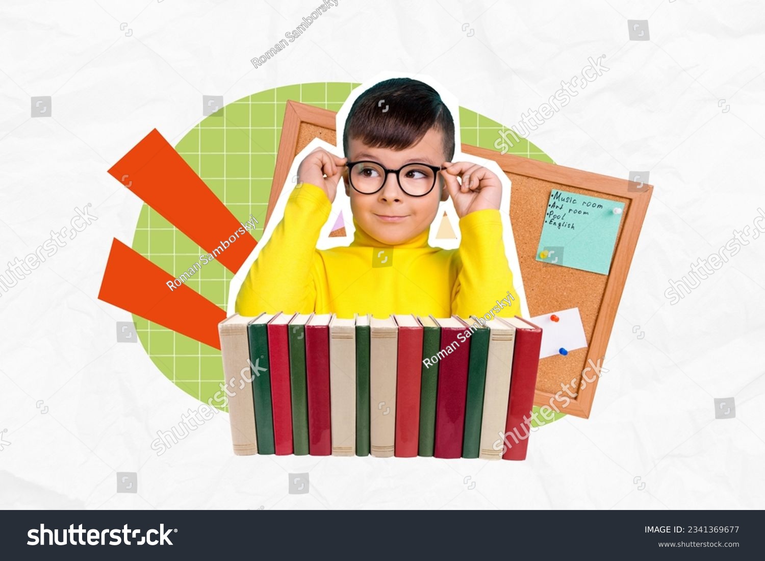 Collage of young funny schoolkid wearing eyeglasses intellect read much books library pin desk schedule lesson isolated on white background #2341369677