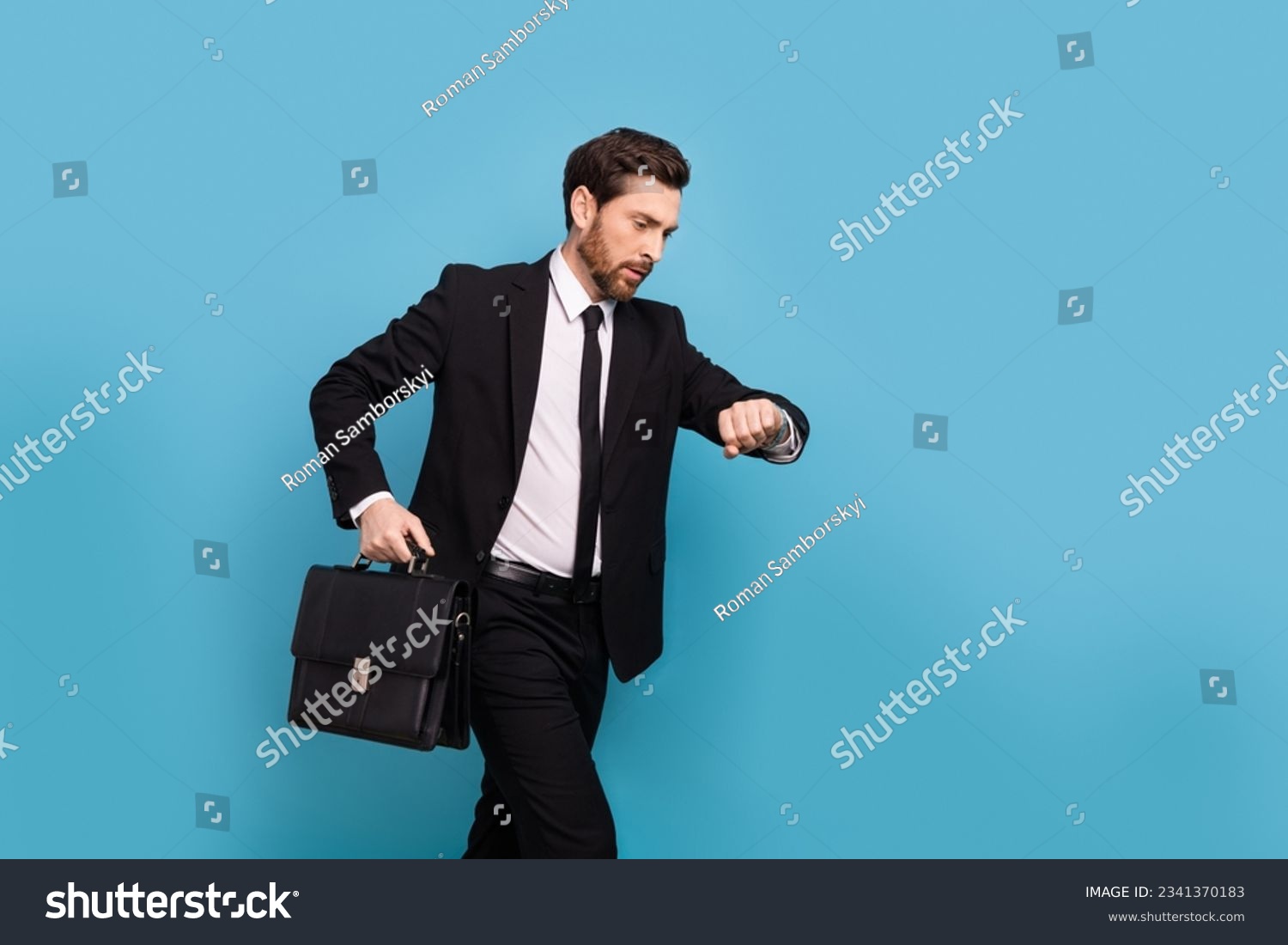 Employer executive director photo of run young politician leader group hurry hold suit bag check watches isolated on blue color background #2341370183