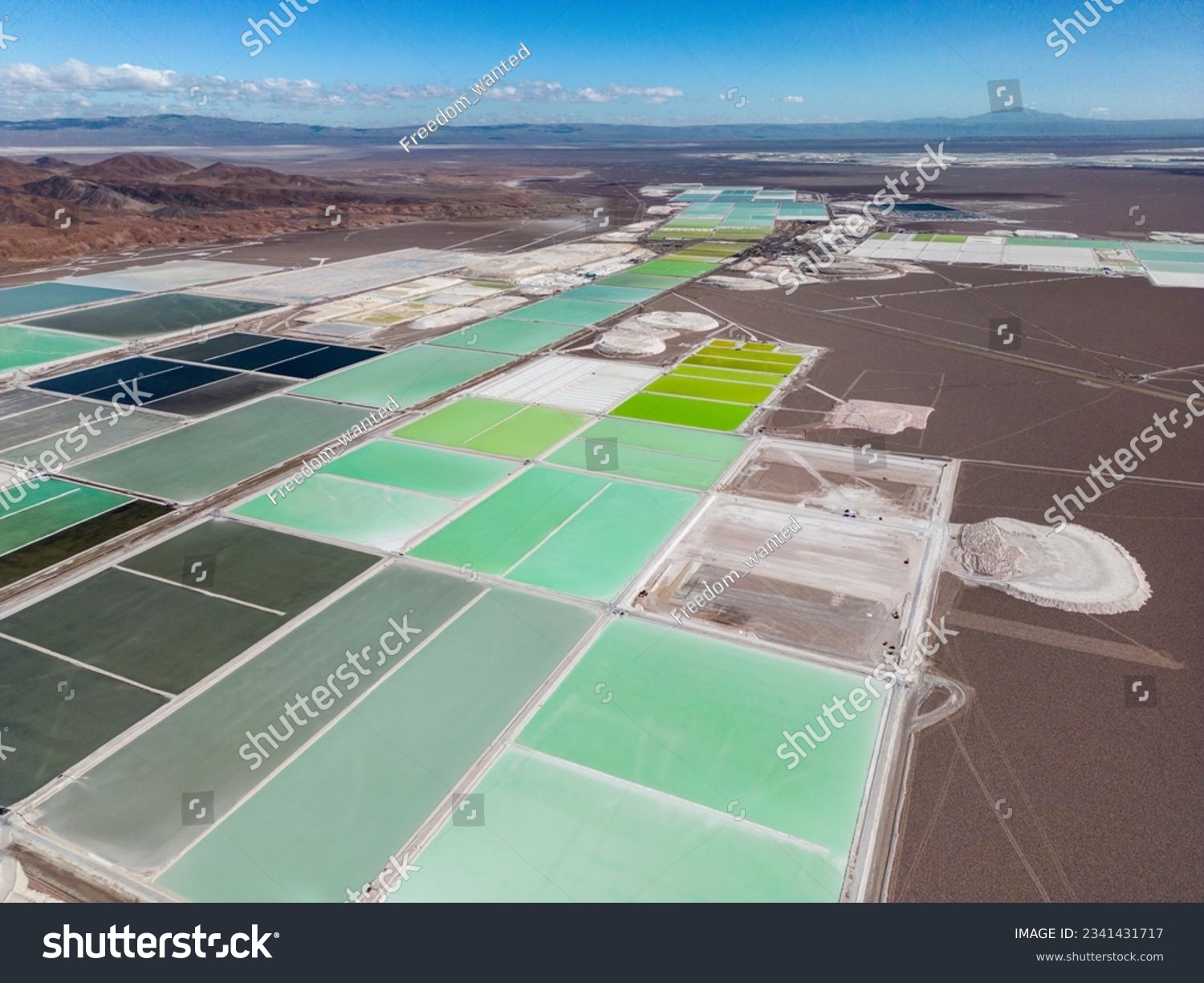 Aerial view of lithium fields in the Atacama desert in Chile, South America - a surreal landscape where batteries are born #2341431717