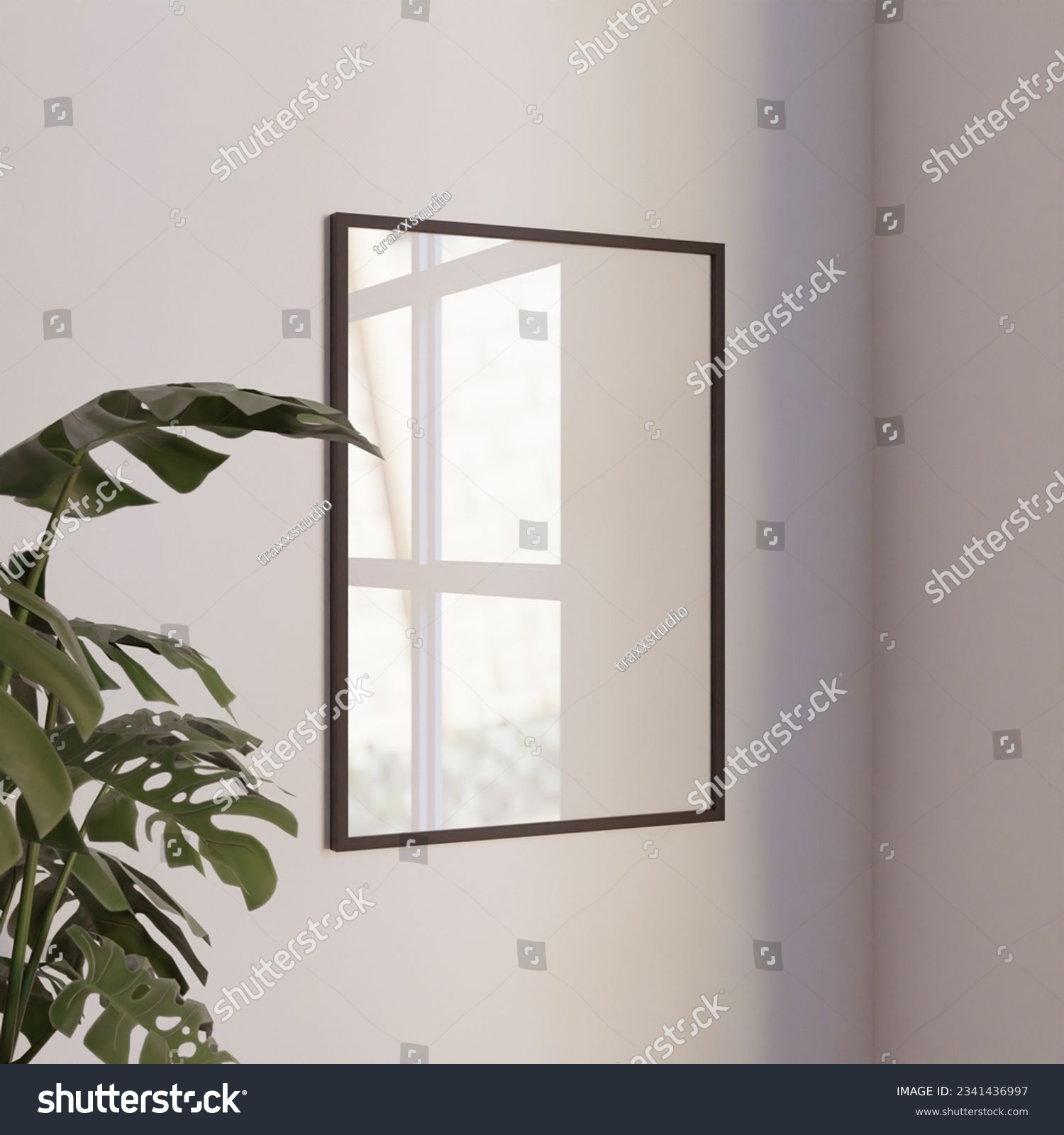 simple minimalist frame mockup poster hanging on the white wall with plant decoration. 50x70, 20x28, 20RP frame mockup poster. wall background with window light and shadow #2341436997