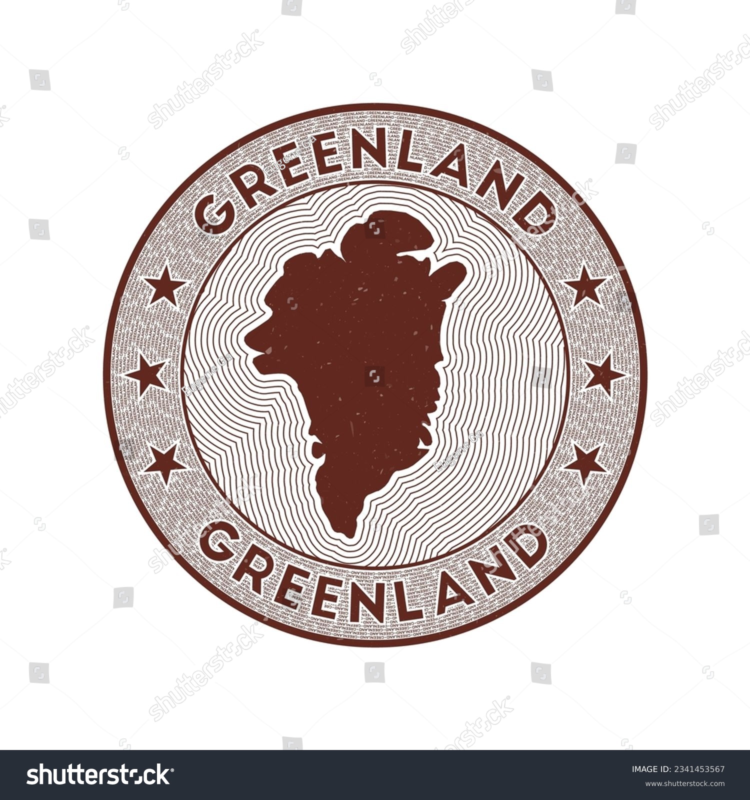 Greenland round badge vector. Country round stamp with shape of Greenland, isolines and circular country name. Authentic emblem. Appealing vector illustration. #2341453567