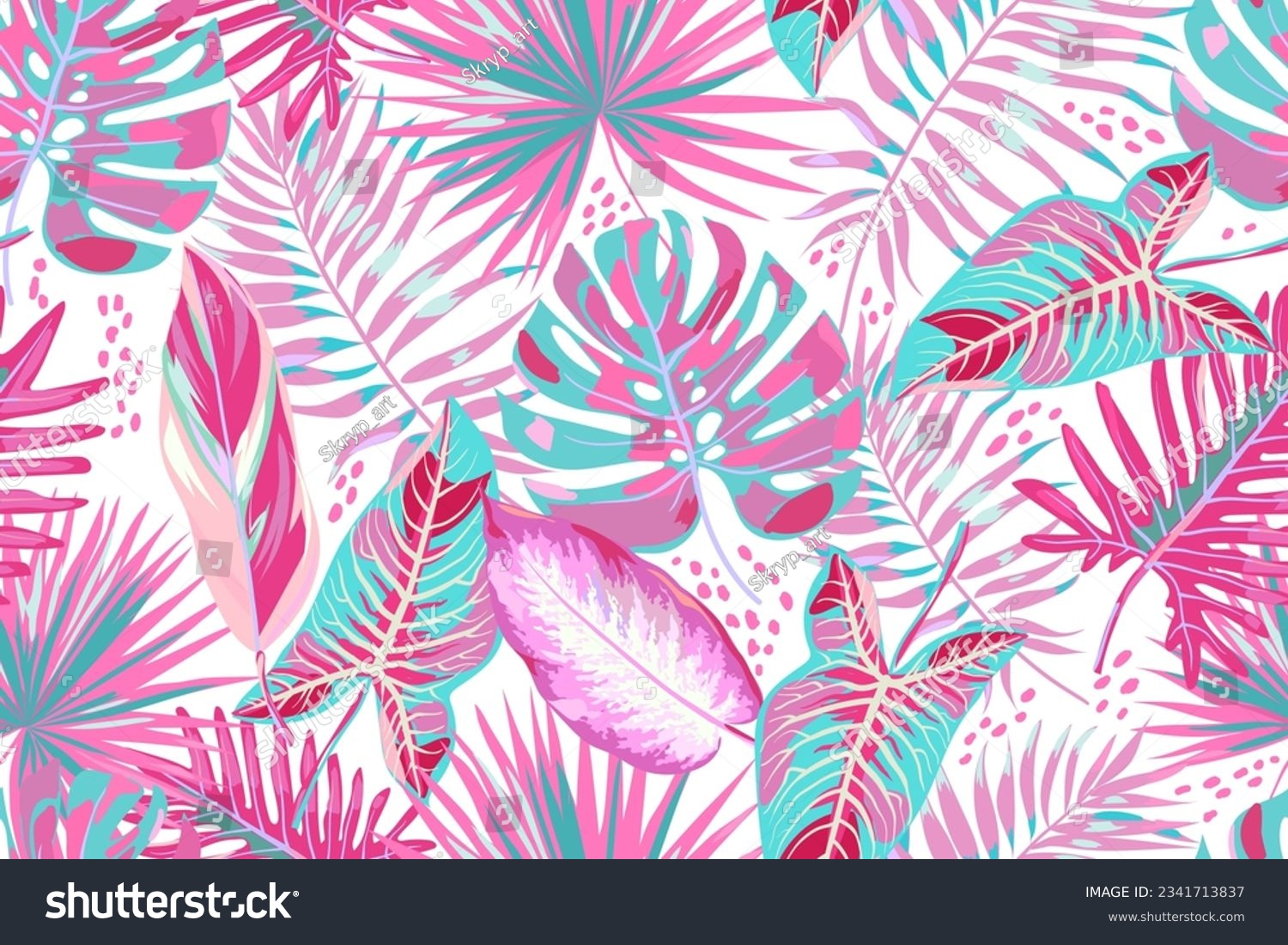 Seamless pattern with tropical leaves on white background. Colorful leaves of palm, monstera, alocasia, philodendron, calathea. Pink and light blue colors.  Summer tropical pattern. Vector. #2341713837