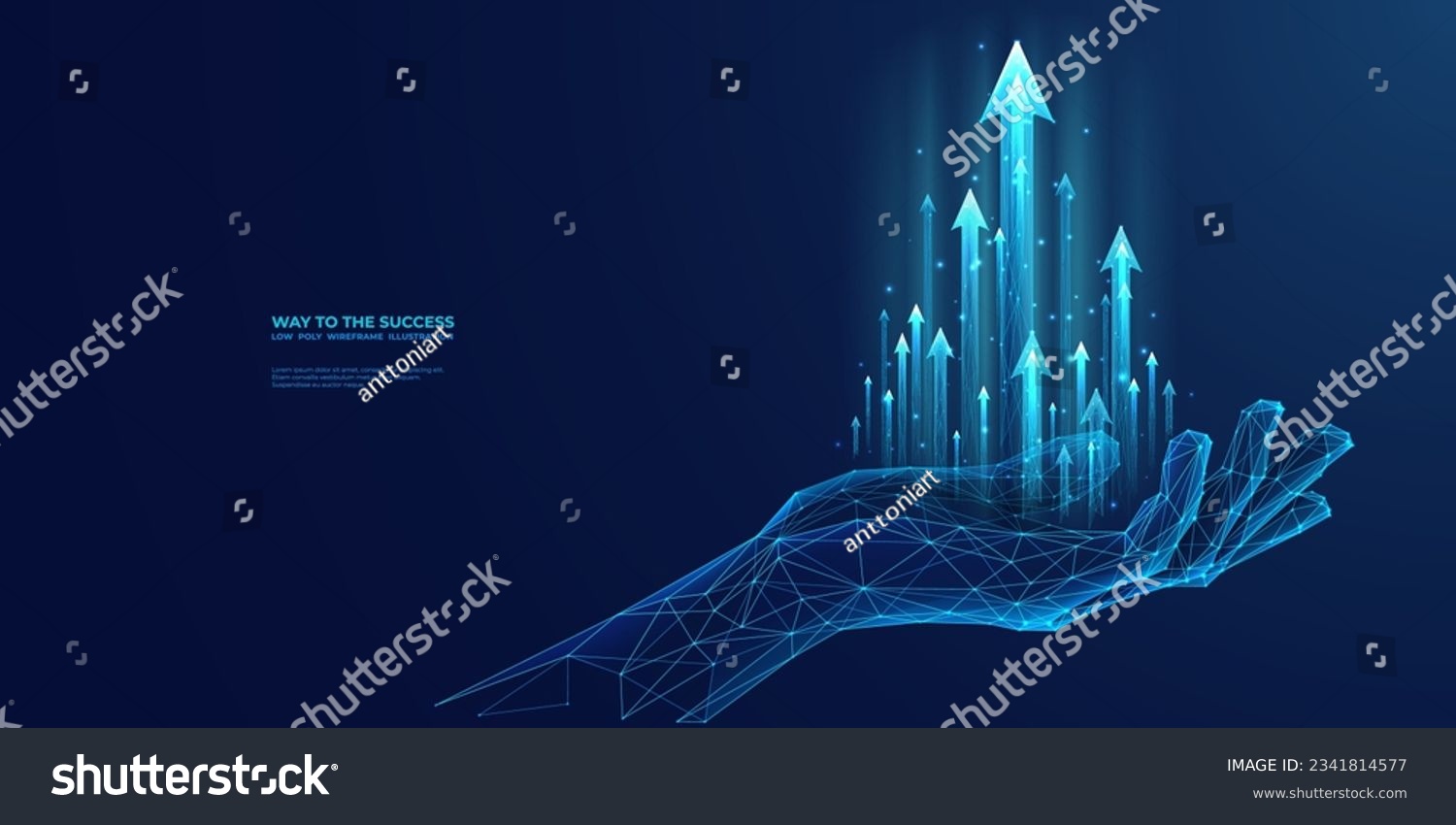 Abstract digital businessman hand holding rising arrows in futuristic style. Successful business and growth strategy concept. Low poly wireframe vector illustration on technological blue background. #2341814577