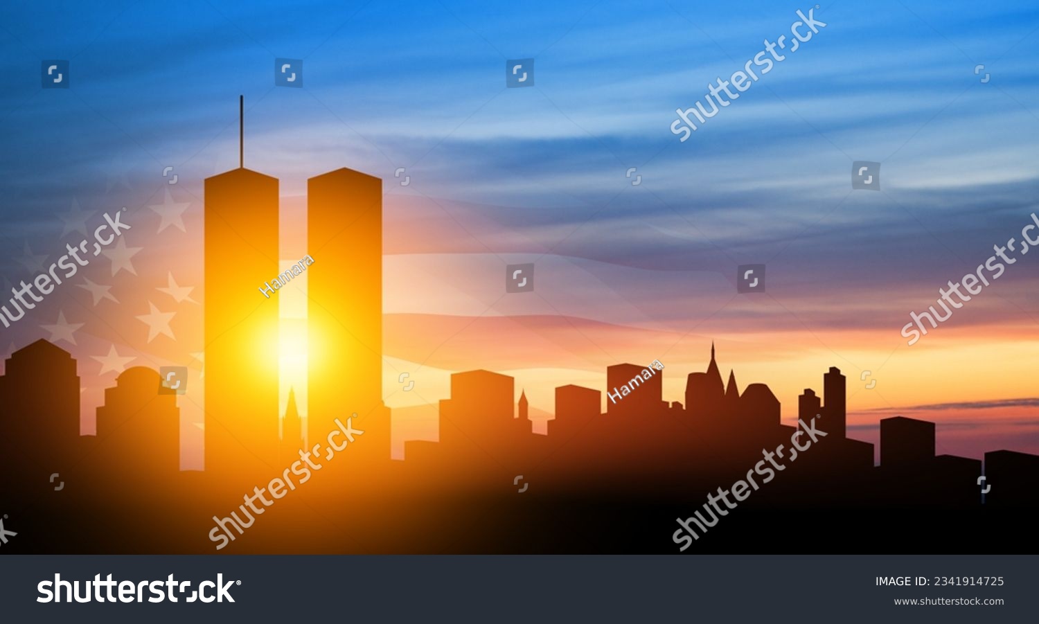 New York skyline silhouette with Twin Towers and - Royalty Free Stock ...