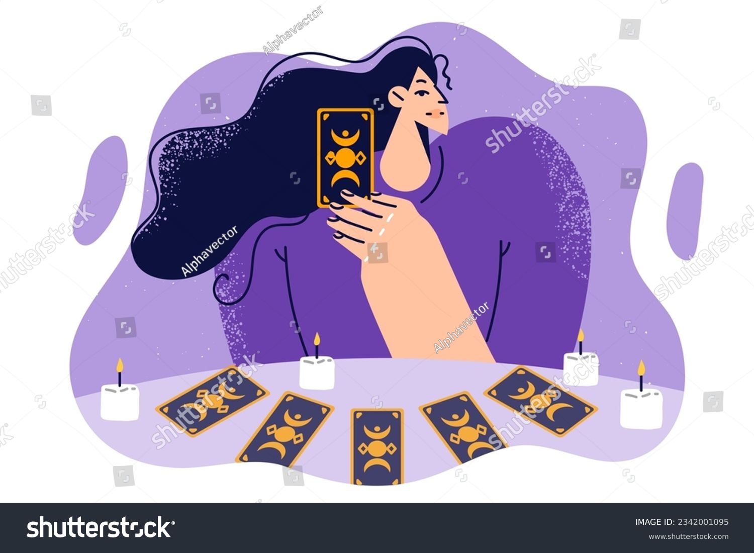 Woman predictor with tarot cards laid out on table with candles predicts future during esoteric session. Predictor or fortune teller uses magical paraphernalia to perform spiritualistic procedures #2342001095