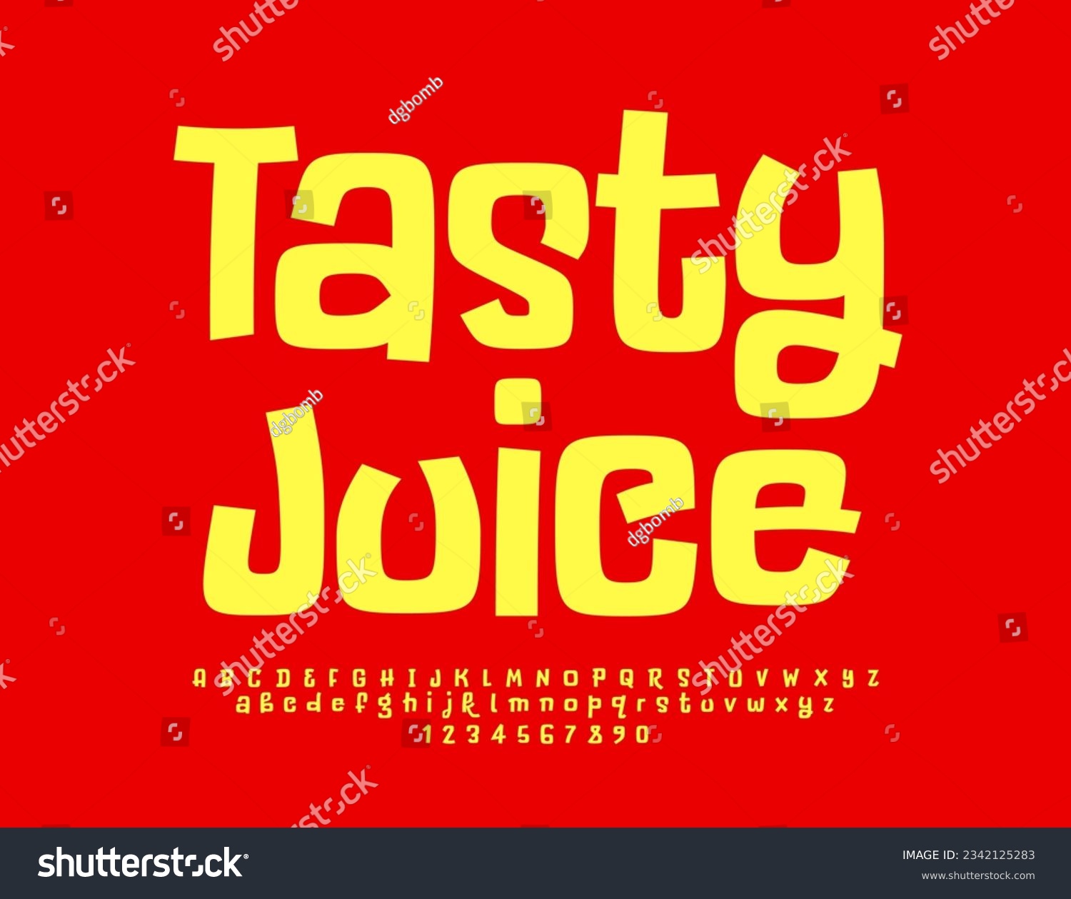 Vector advertising logo Tasty Juice with playful Yellow Font. Childish Alphabet Letters, Numbers and Symbols set #2342125283