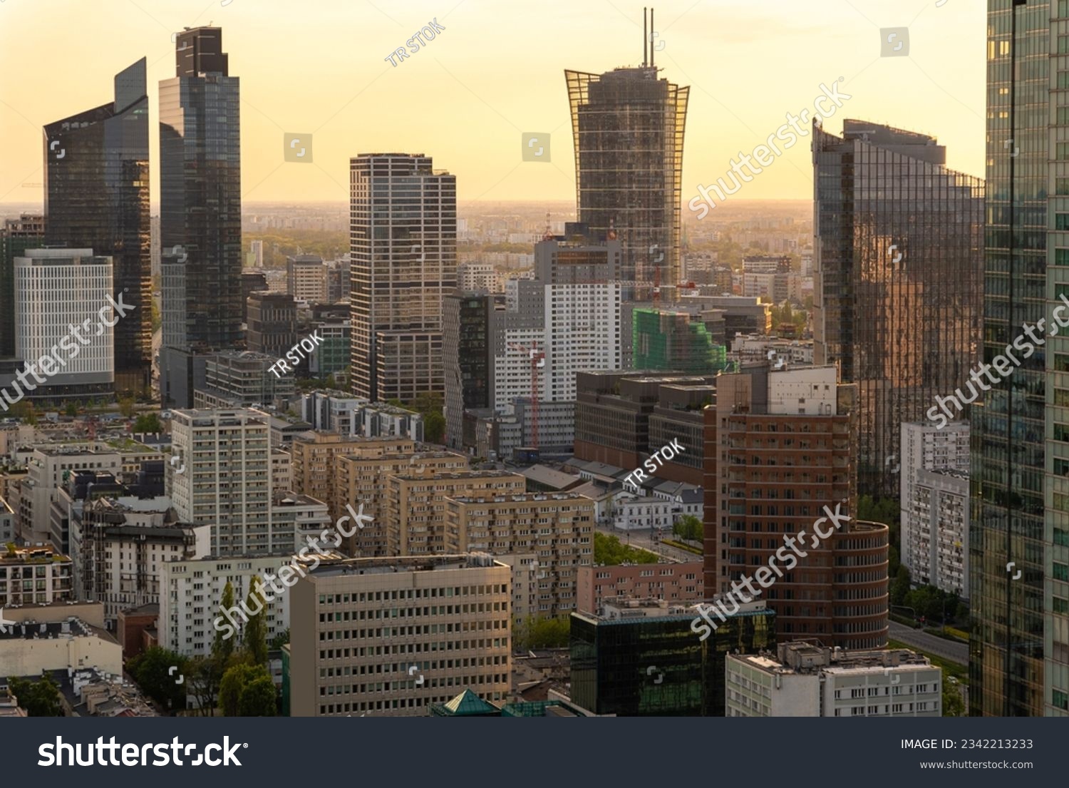 Panoramic view of modern skyscrapers and business centers in Warsaw. View of the city center from above. Warsaw, Poland. #2342213233
