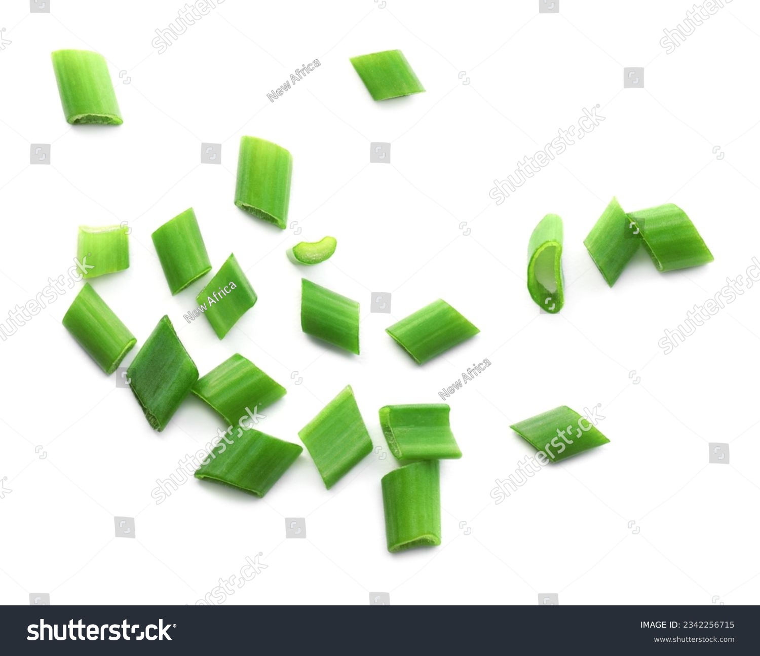 Fresh chopped green onion isolated on white, top view #2342256715