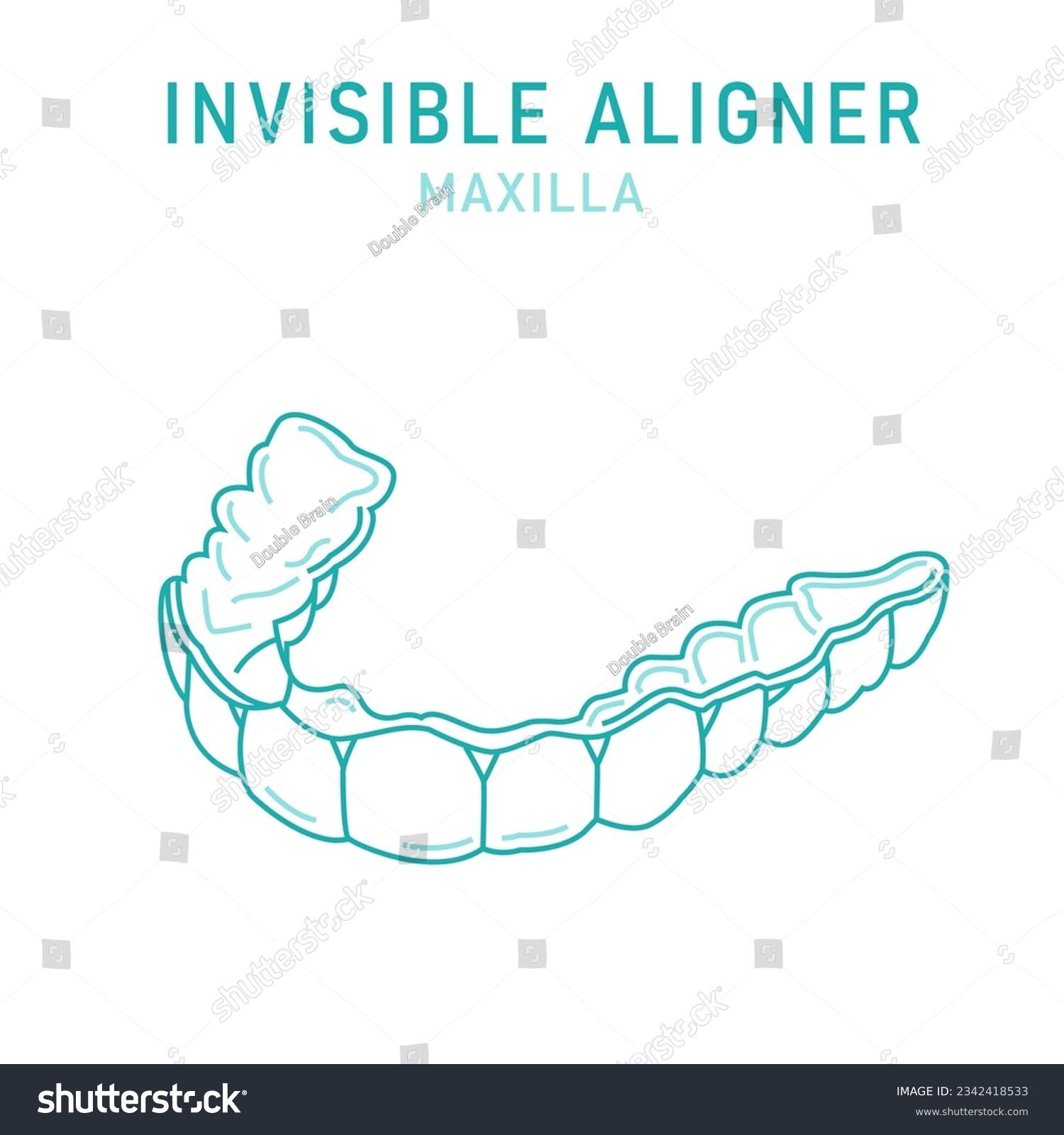 Orthodontic silicone trainer. Invisible braces aligner, retainer. Medical scheme. Outside view. Upper jaw. Maxilla. Horizontal poster. Editable vector illustration isolated on a white background. #2342418533