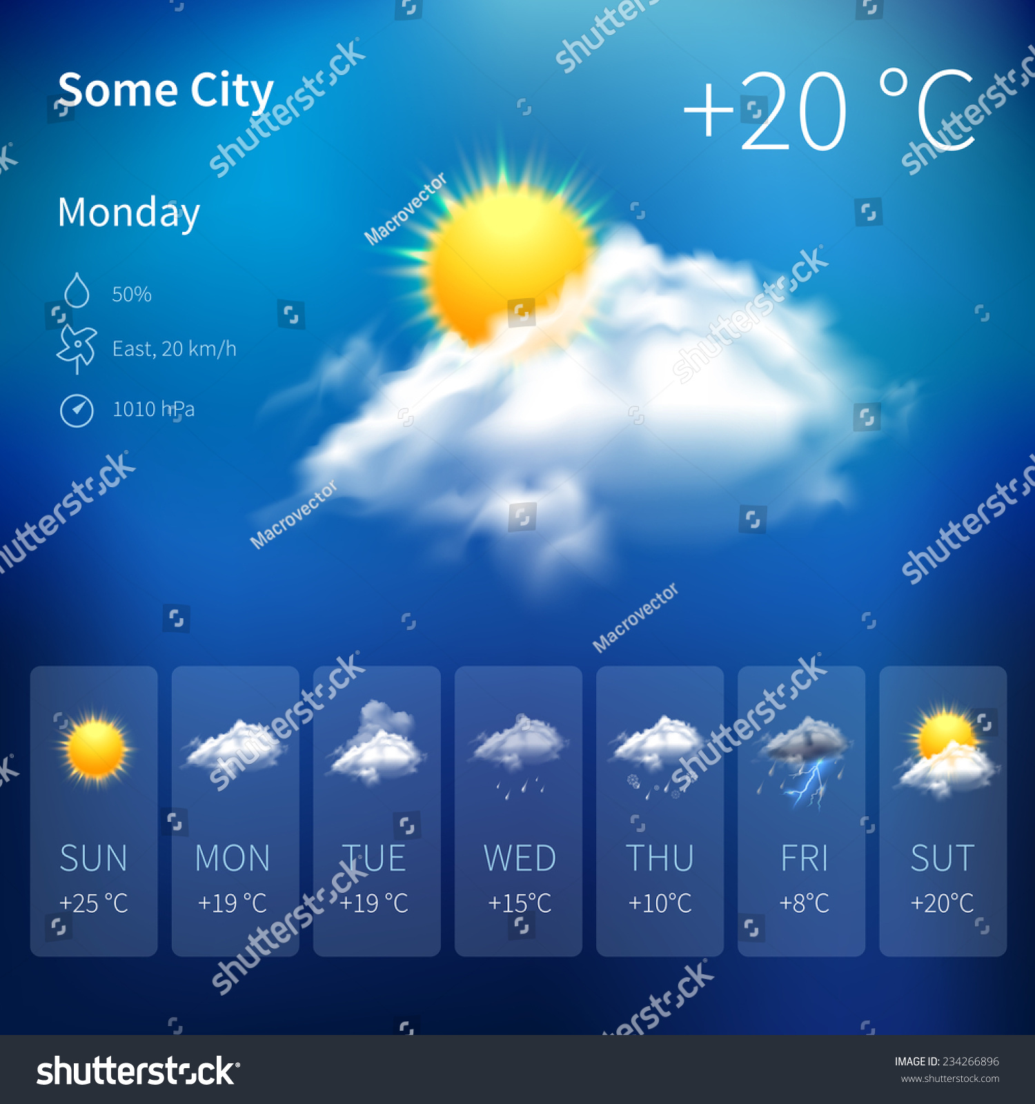 Realistic weather forecast widget mobile application program layout template vector illustration #234266896