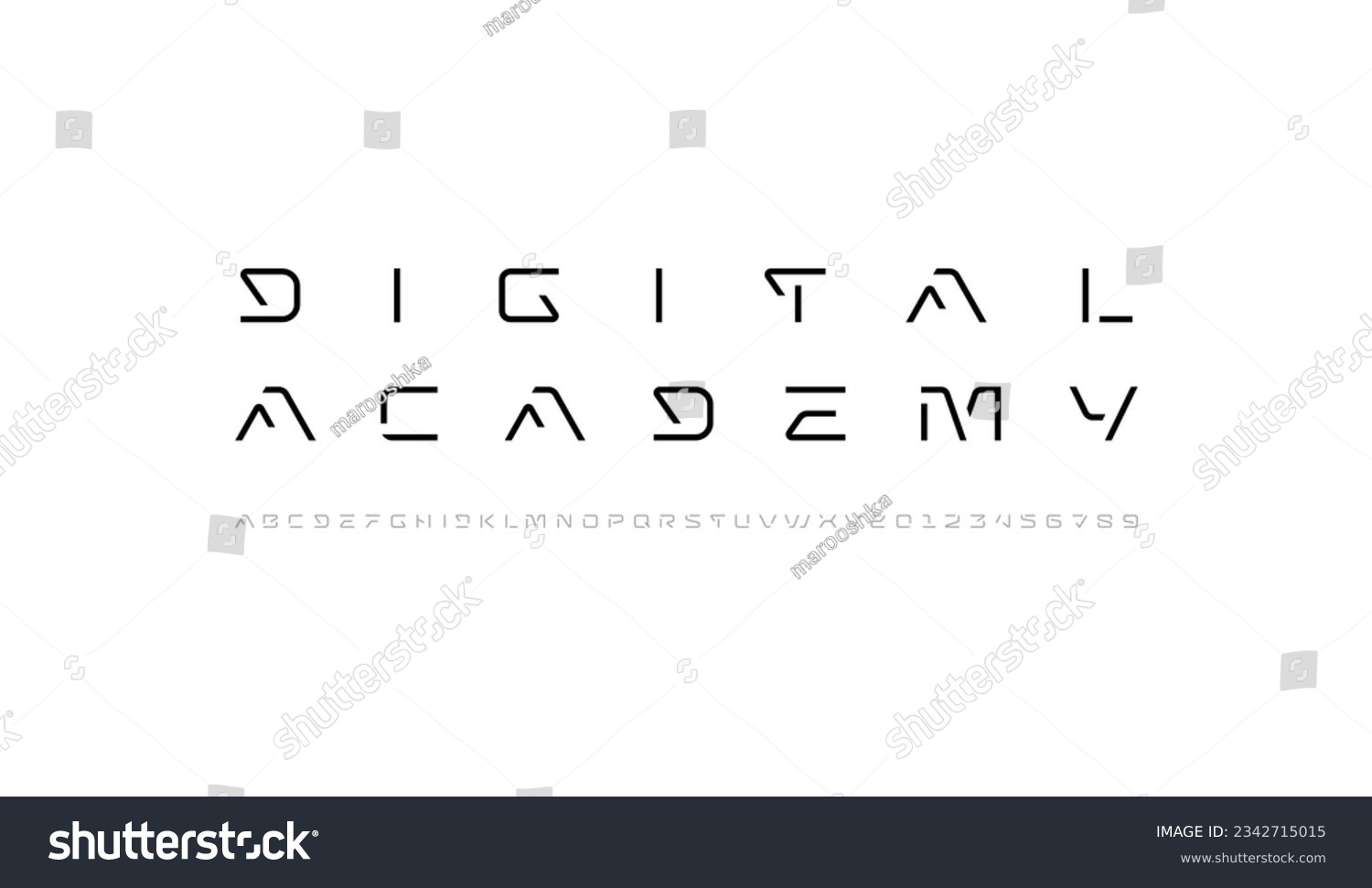 Tech font, digital alphabet, thin Latin letters A, B, C, D, E, F, G, H, I, J, K, L, M, N, O, P, Q, R, S, T, U, V, W, X, Y, Z and Arab numerals 0, 1, 2, 3, 4, 5, 6, 7, 8, 9 made in design cyber future #2342715015