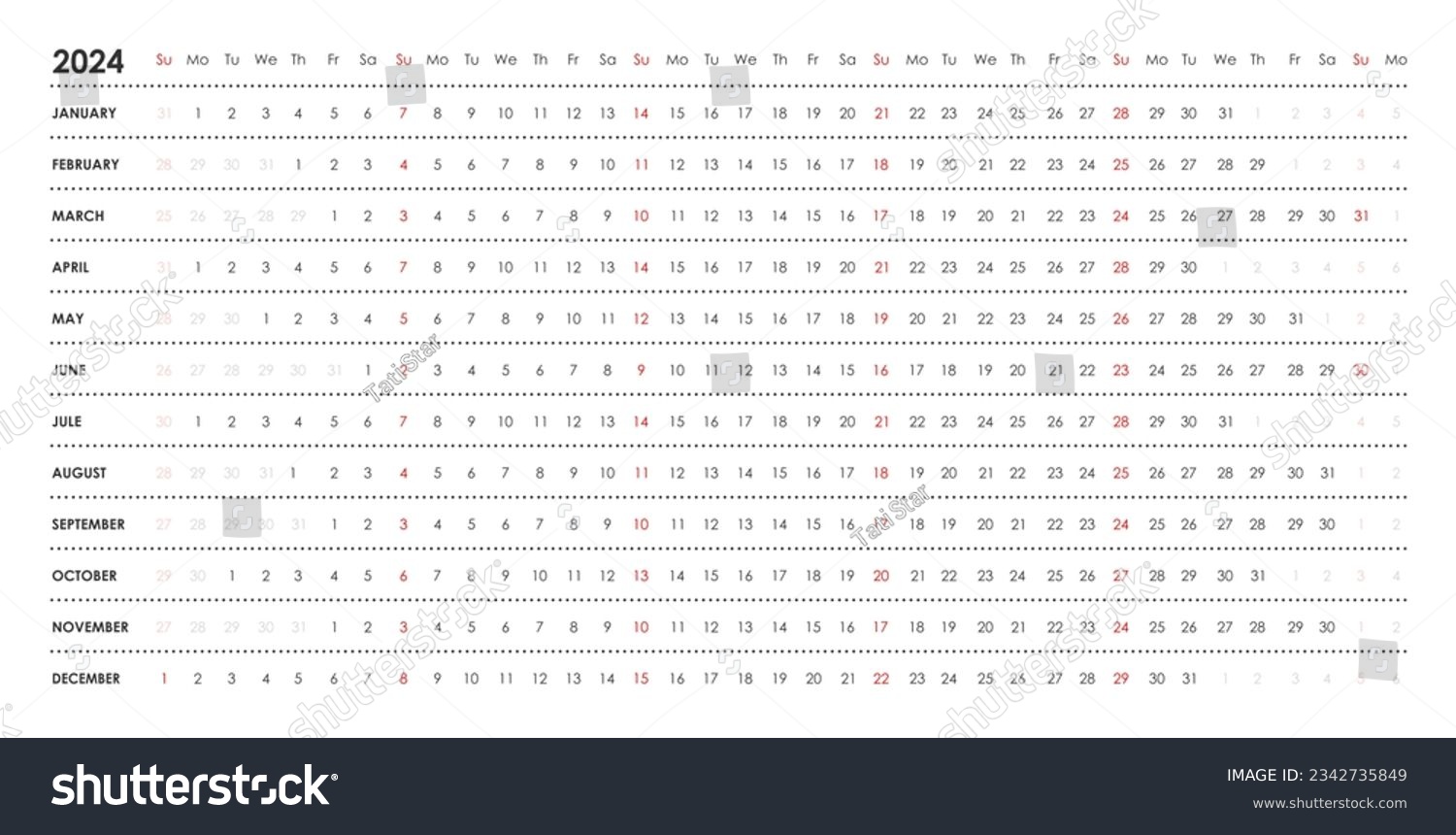 Linear calendar for 2024. Horizontal, week Royalty Free Stock Vector