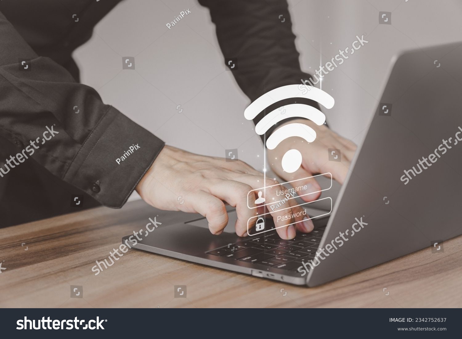 User use a computer laptop for a login password to wifi but wifi is not connected. Explore the seamless world of technology as user log in to WiFi. Concept technology of waiting to connect to wifi. #2342752637