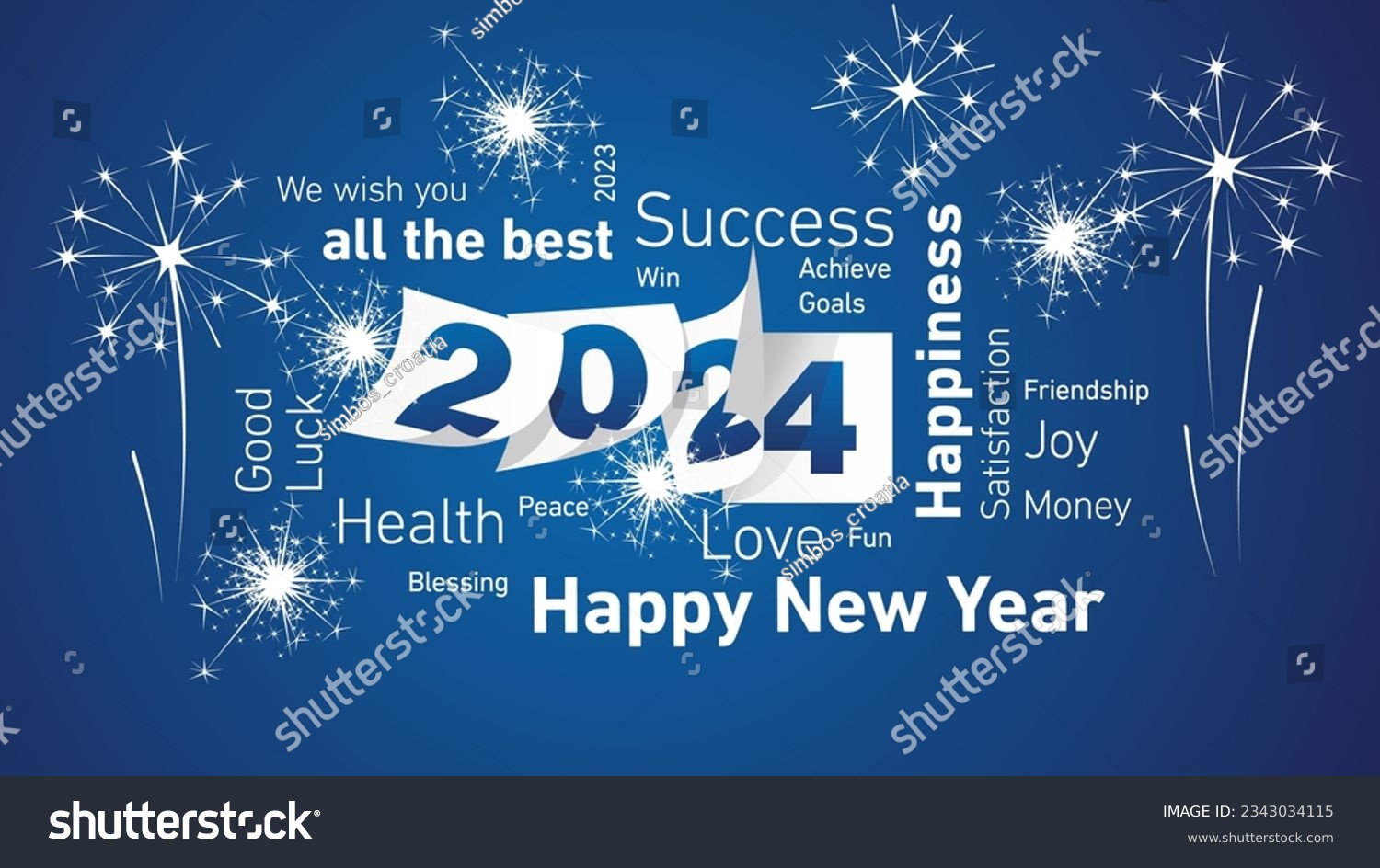 Happy New Year 2024 white word cloud text with 2024 calendar pages and light sparkle firework blue background vector #2343034115