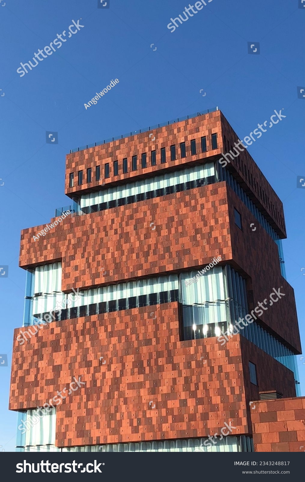 Southern façade of the MAS museum in the harbour of Antwerp, Belgium #2343248817