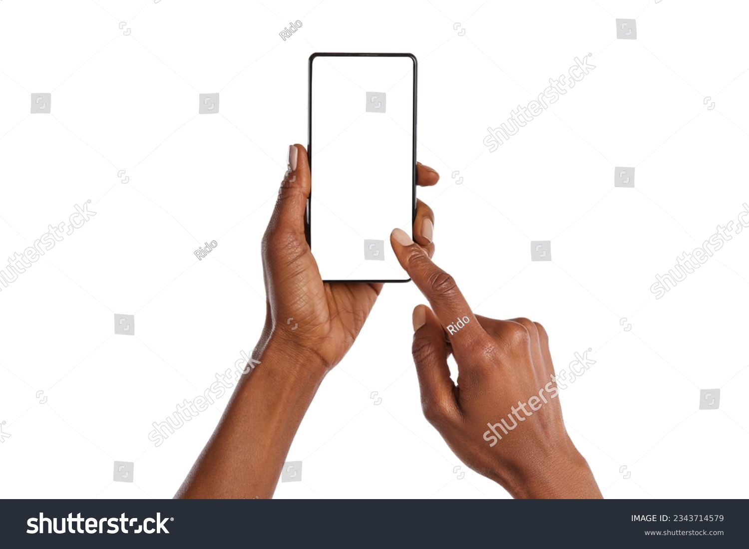 Close up of african american woman hands showing smartphone against white background. Black woman hands touching blank empty screen of cellphone. Close up of female hands using app on mobile phone. #2343714579